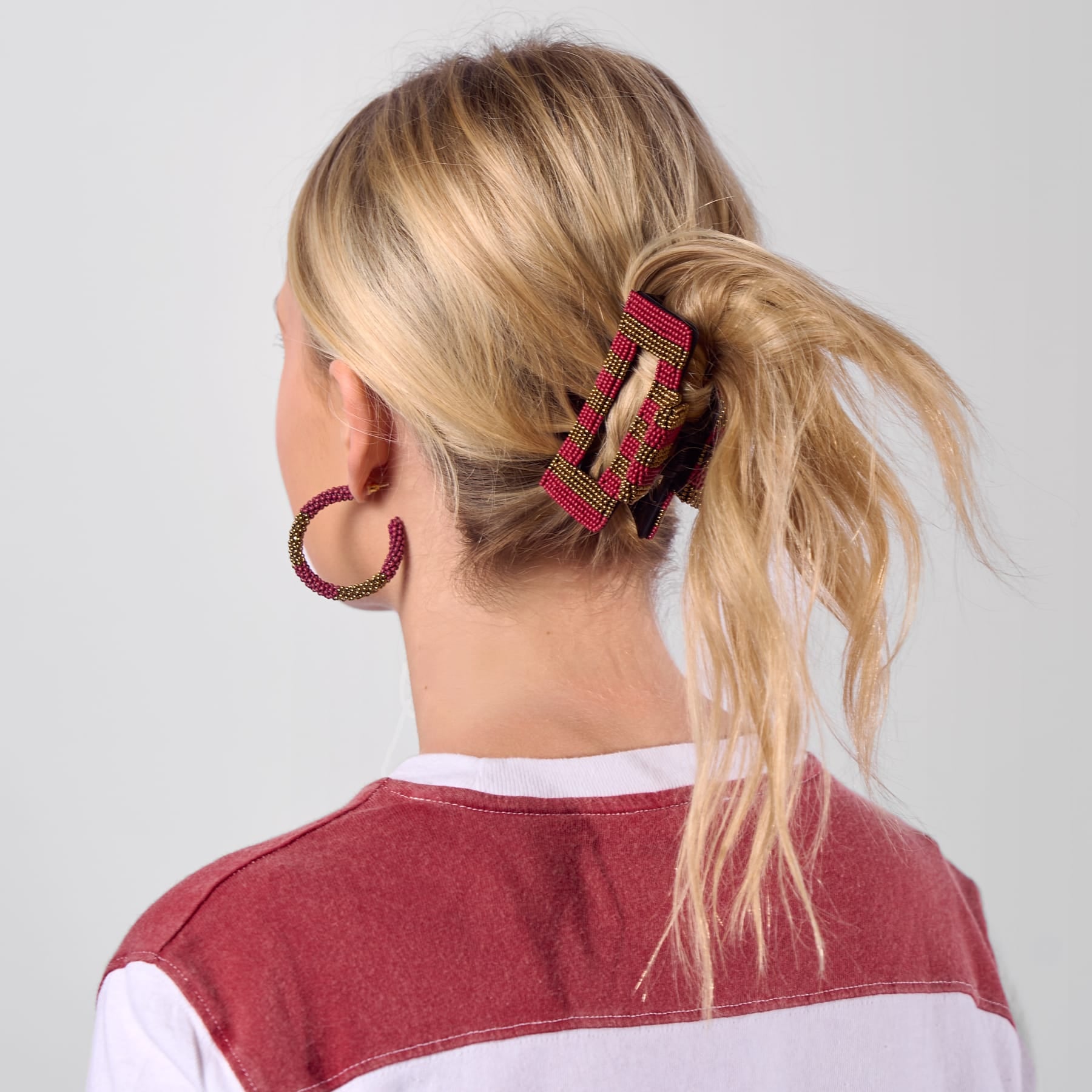 Game Day Striped Beaded Hair Claw Clip Garnet + Gold  Wholesale