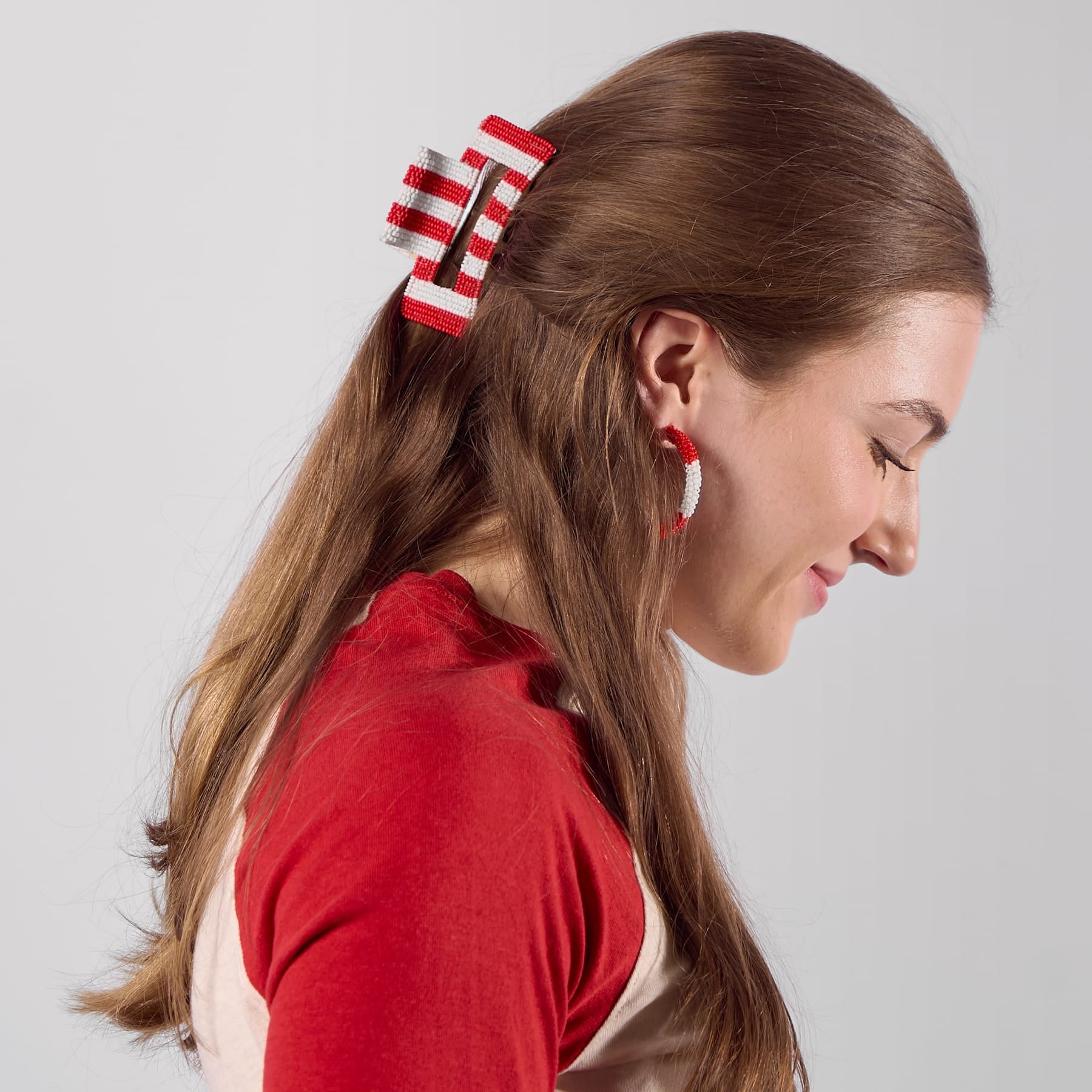 Game Day Striped Beaded Hair Claw Clip Red + White  Wholesale