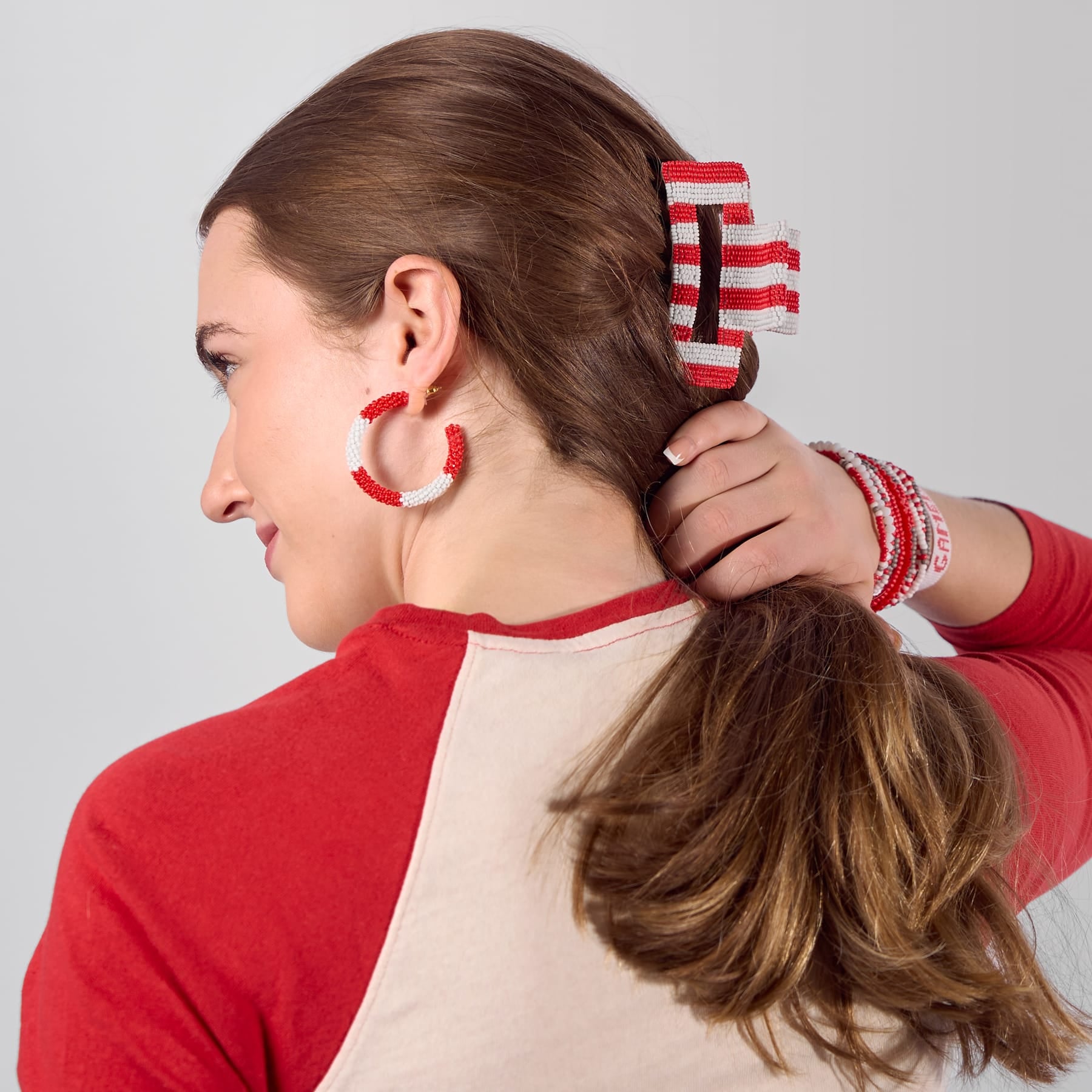 Game Day Striped Beaded Hair Claw Clip Red + White  Wholesale