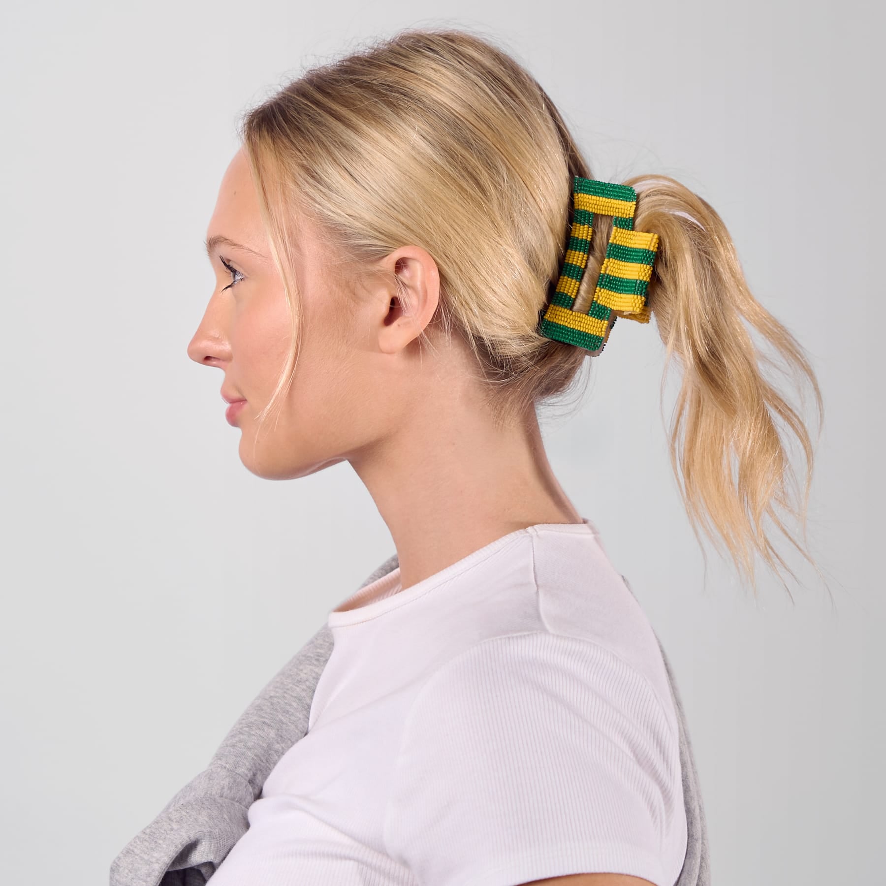 Game Day Striped Beaded Hair Claw Clip Green + Yellow  Wholesale