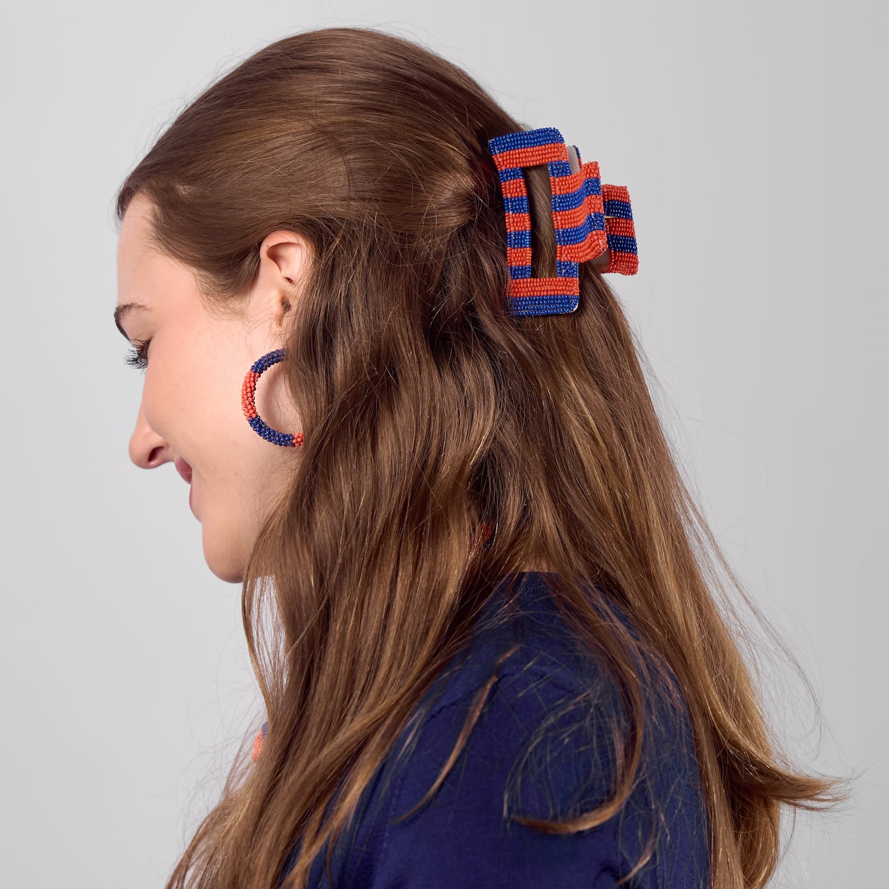Game Day Striped Beaded Hair Claw Clip Navy + Orange  Wholesale