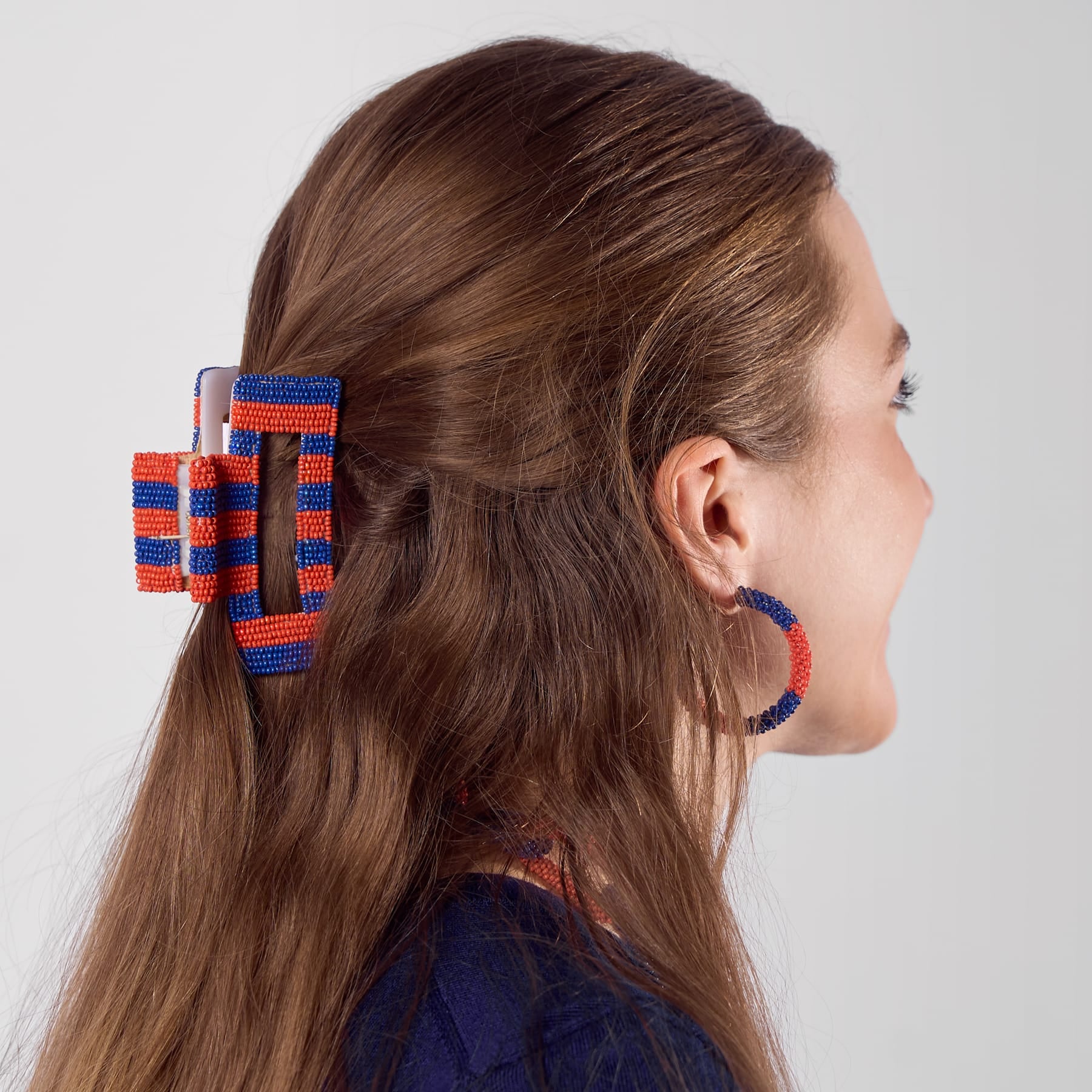 Game Day Striped Beaded Hair Claw Clip Navy + Orange  Wholesale