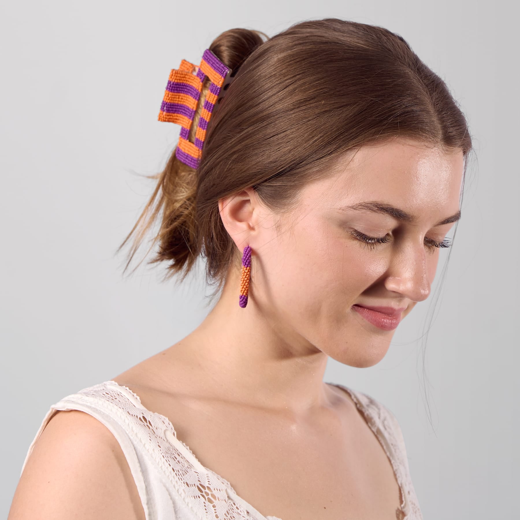 Game Day Striped Beaded Hair Claw Clip Purple + Orange  Wholesale