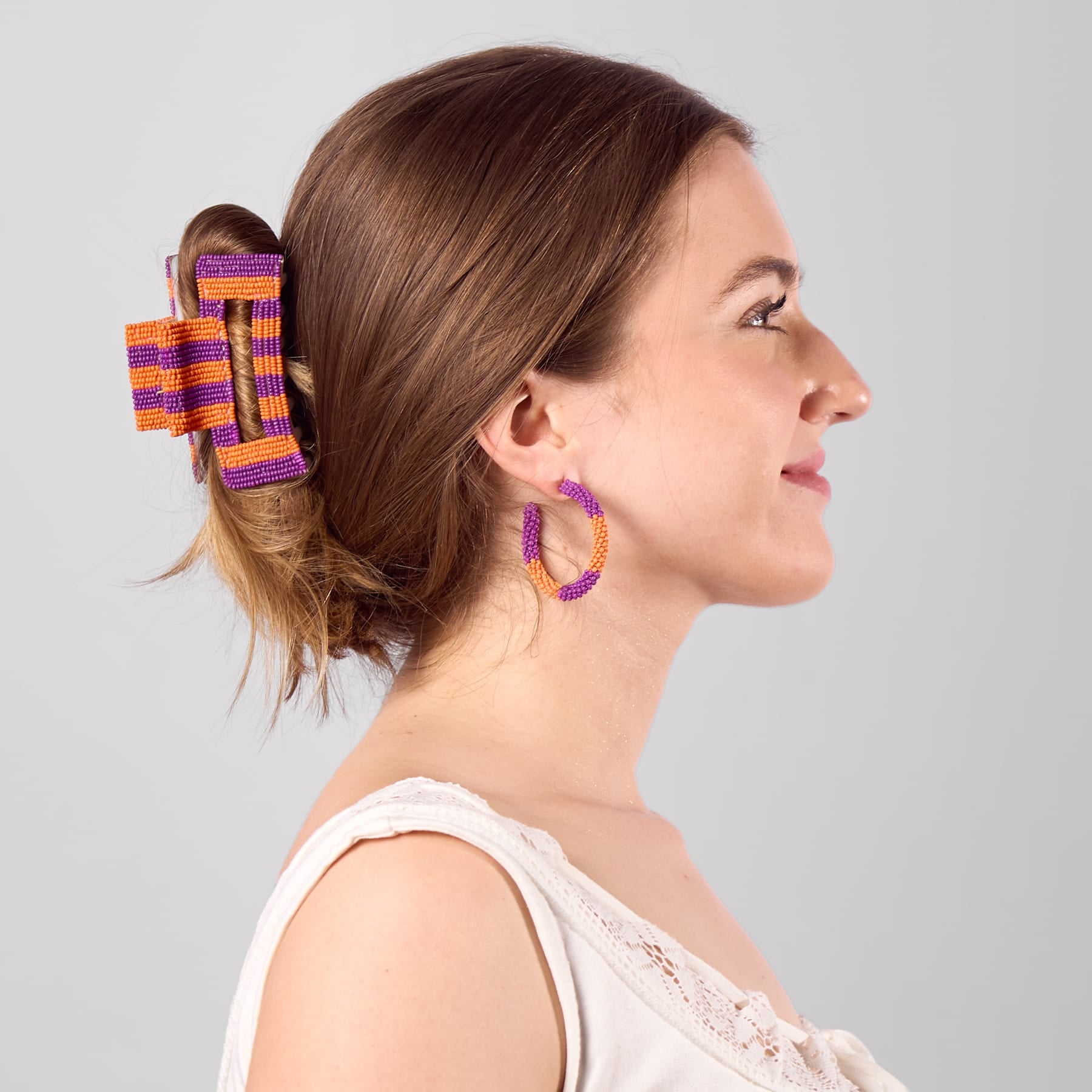 Game Day Striped Beaded Hair Claw Clip Purple + Orange  Wholesale