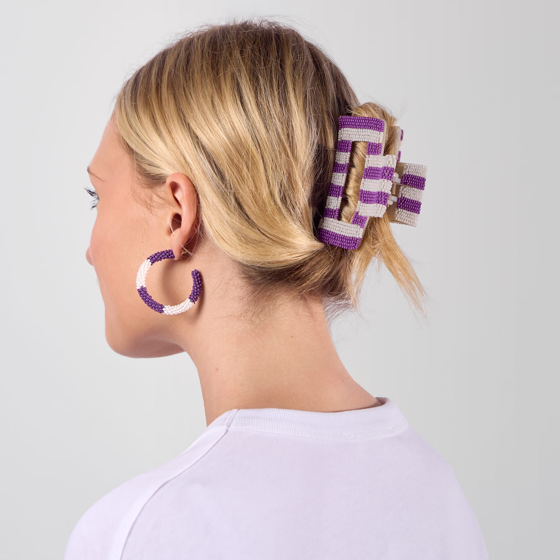 Game Day Striped Beaded Hair Claw Clip Purple + White  Wholesale