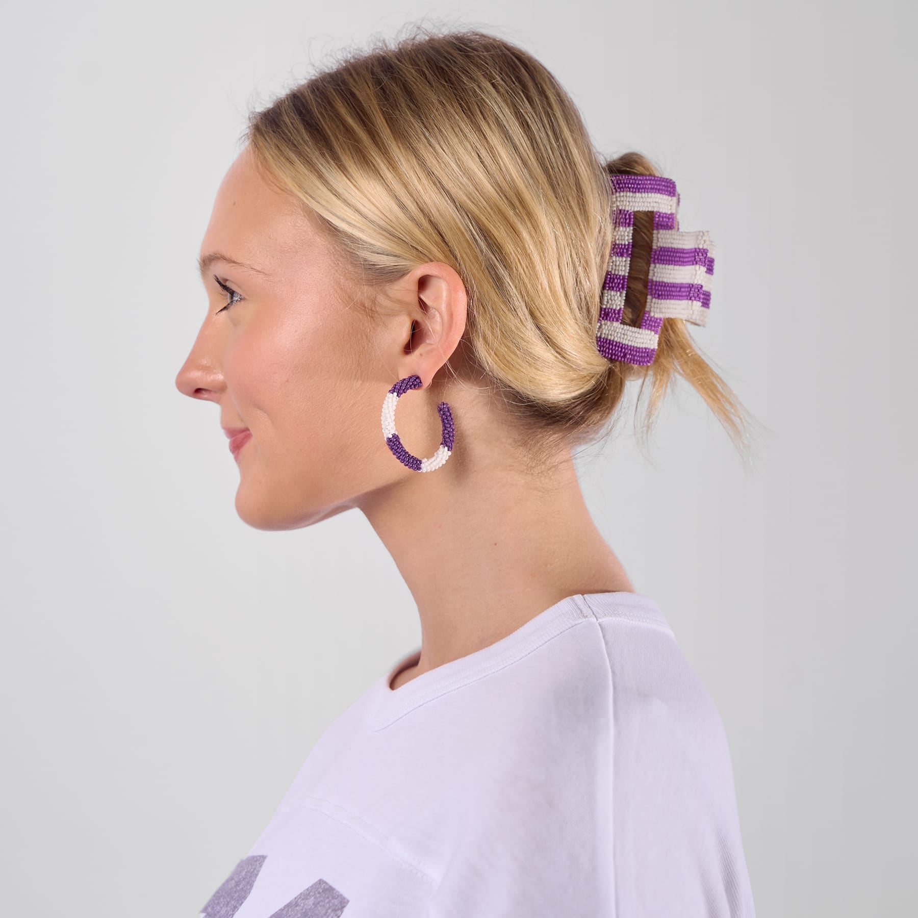 Game Day Striped Beaded Hair Claw Clip Purple + White  Wholesale