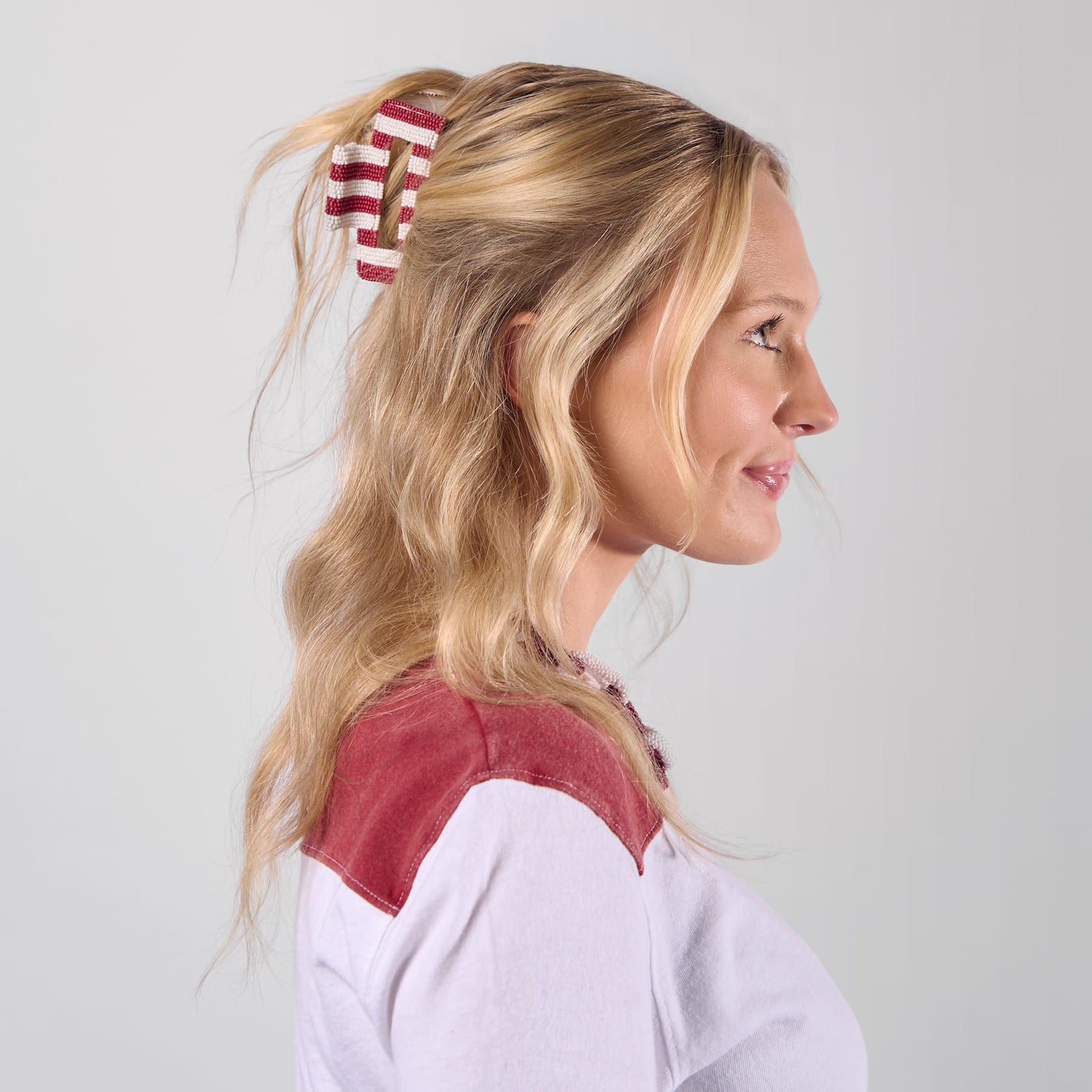 Game Day Striped Beaded Hair Claw Clip Maroon + White  Wholesale