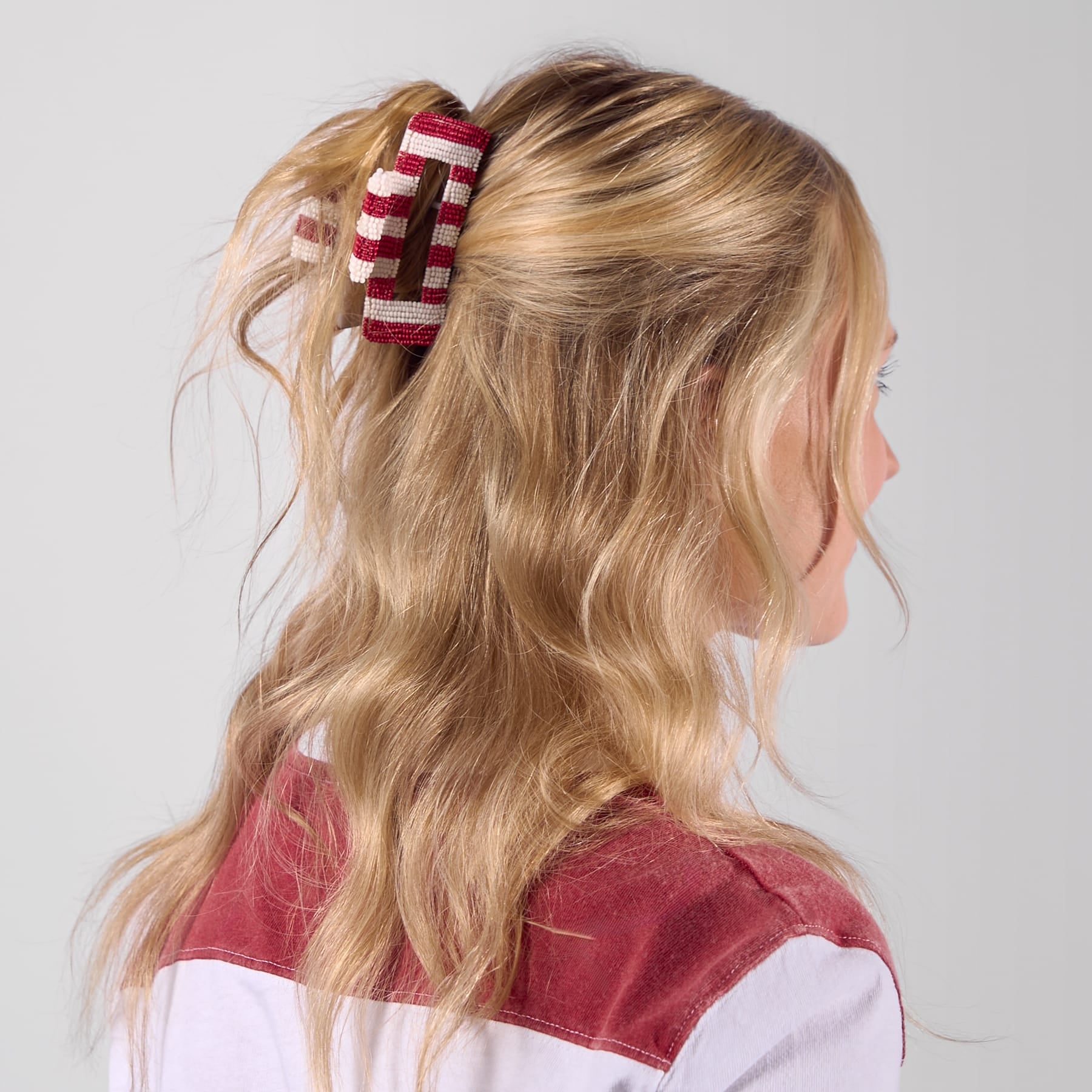 Game Day Striped Beaded Hair Claw Clip Maroon + White  Wholesale
