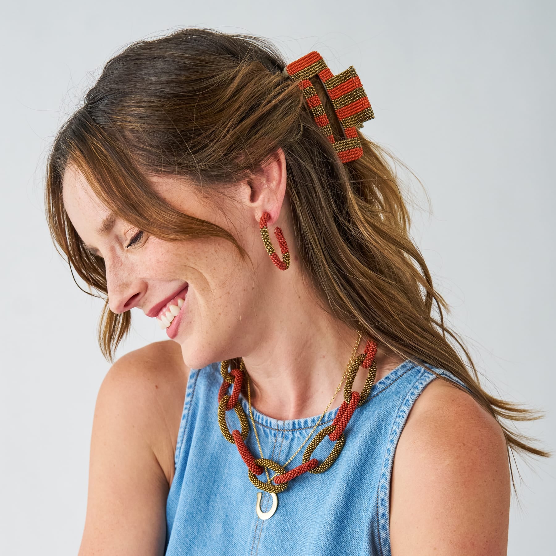 Game Day Striped Beaded Hair Claw Clip Burnt Orange + Gold  Wholesale