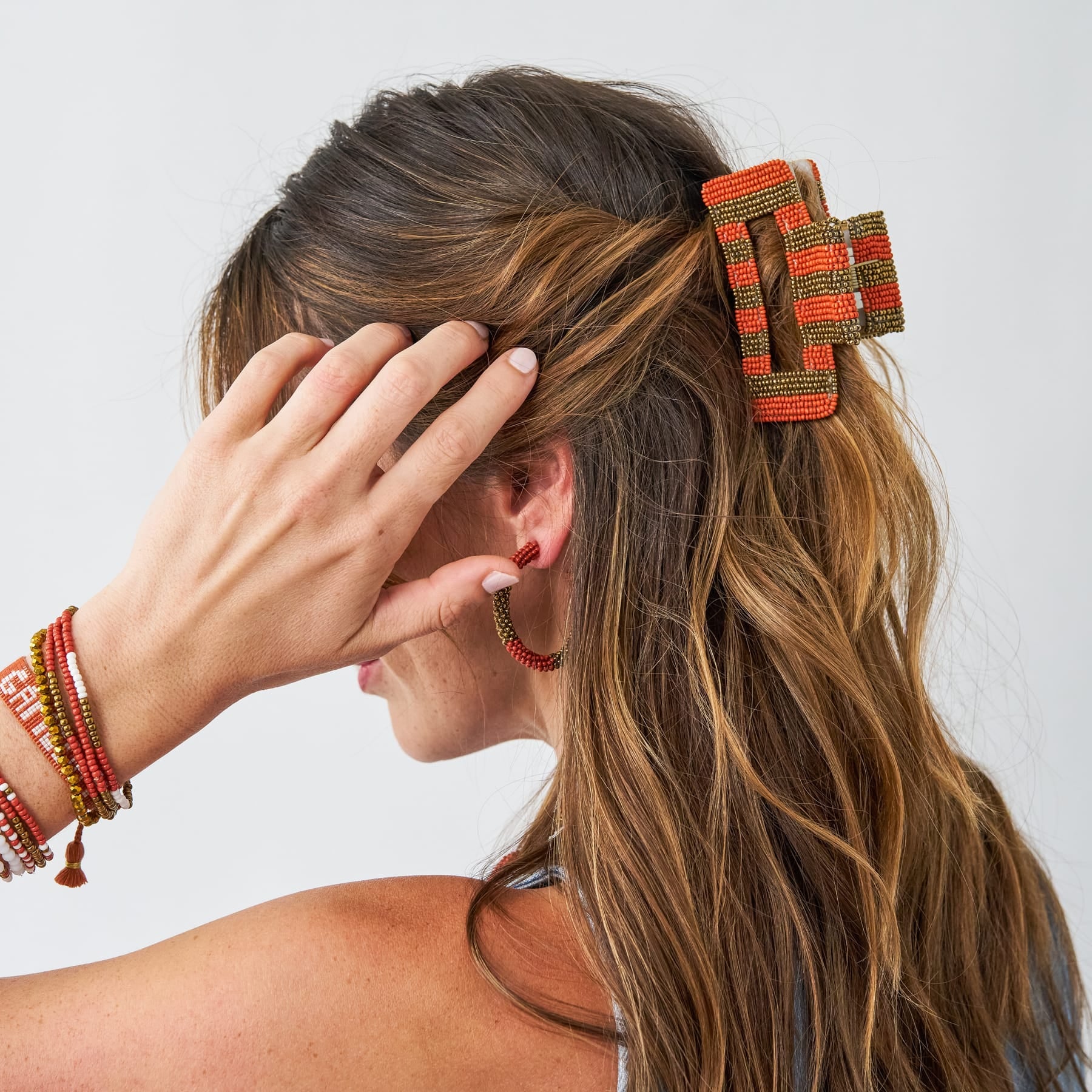 Game Day Striped Beaded Hair Claw Clip Burnt Orange + Gold  Wholesale