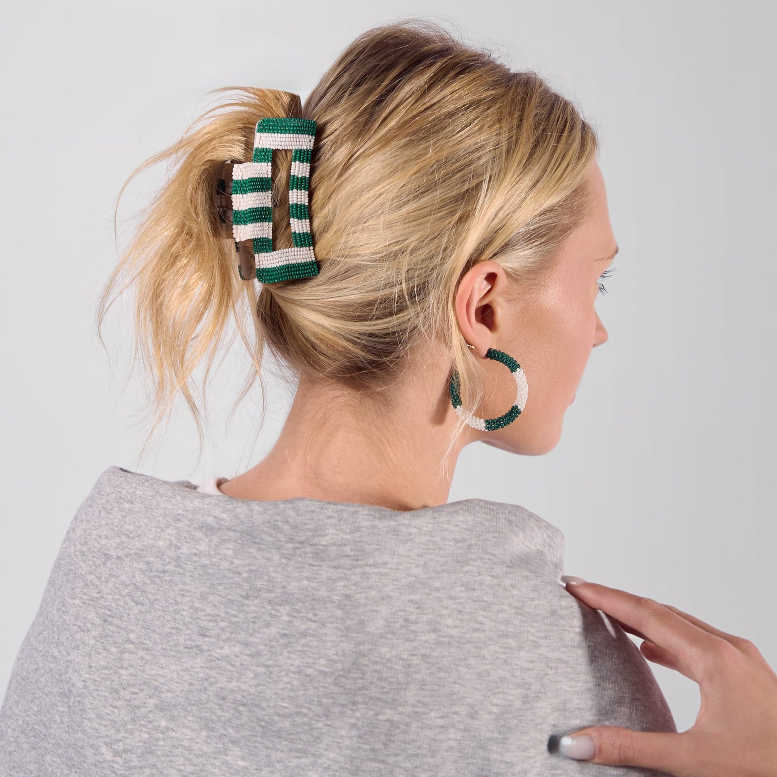 Game Day Striped Beaded Hair Claw Clip Green + White  Wholesale