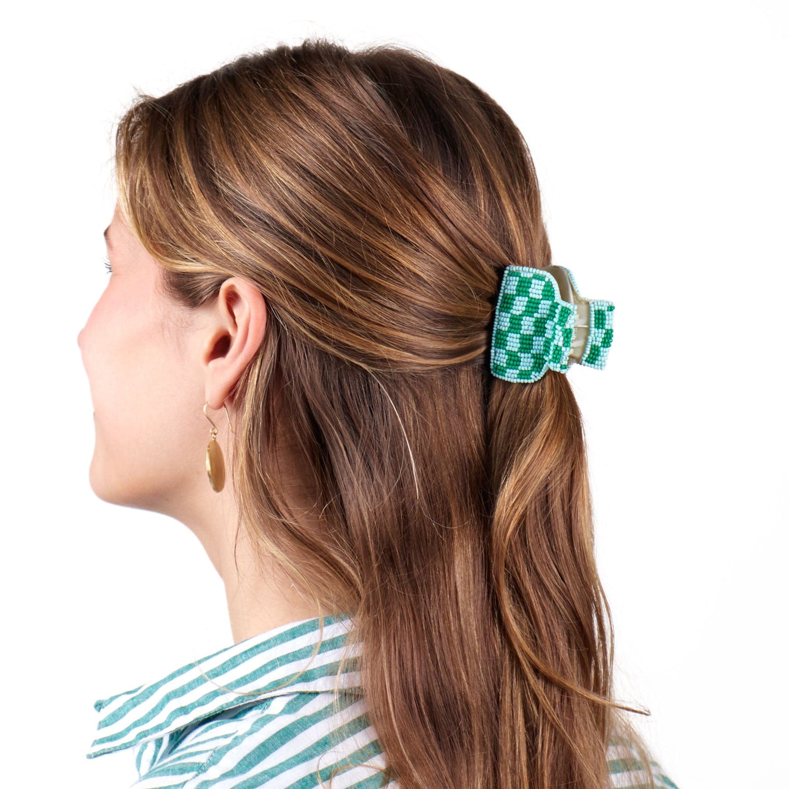 Gia Petite Multi-Color Checked Claw Kelly Green + Light Blue Check Wholesale