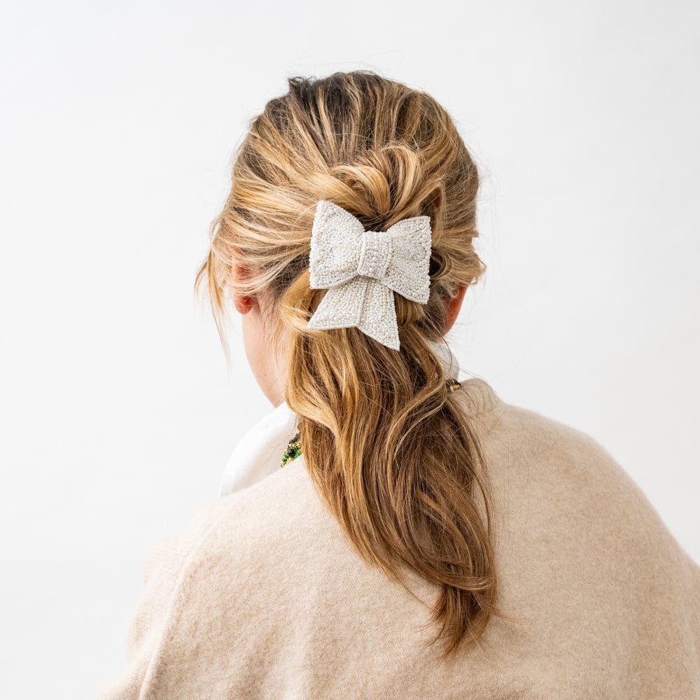 Clara Beaded Bow Barrette with Pearls White Wholesale
