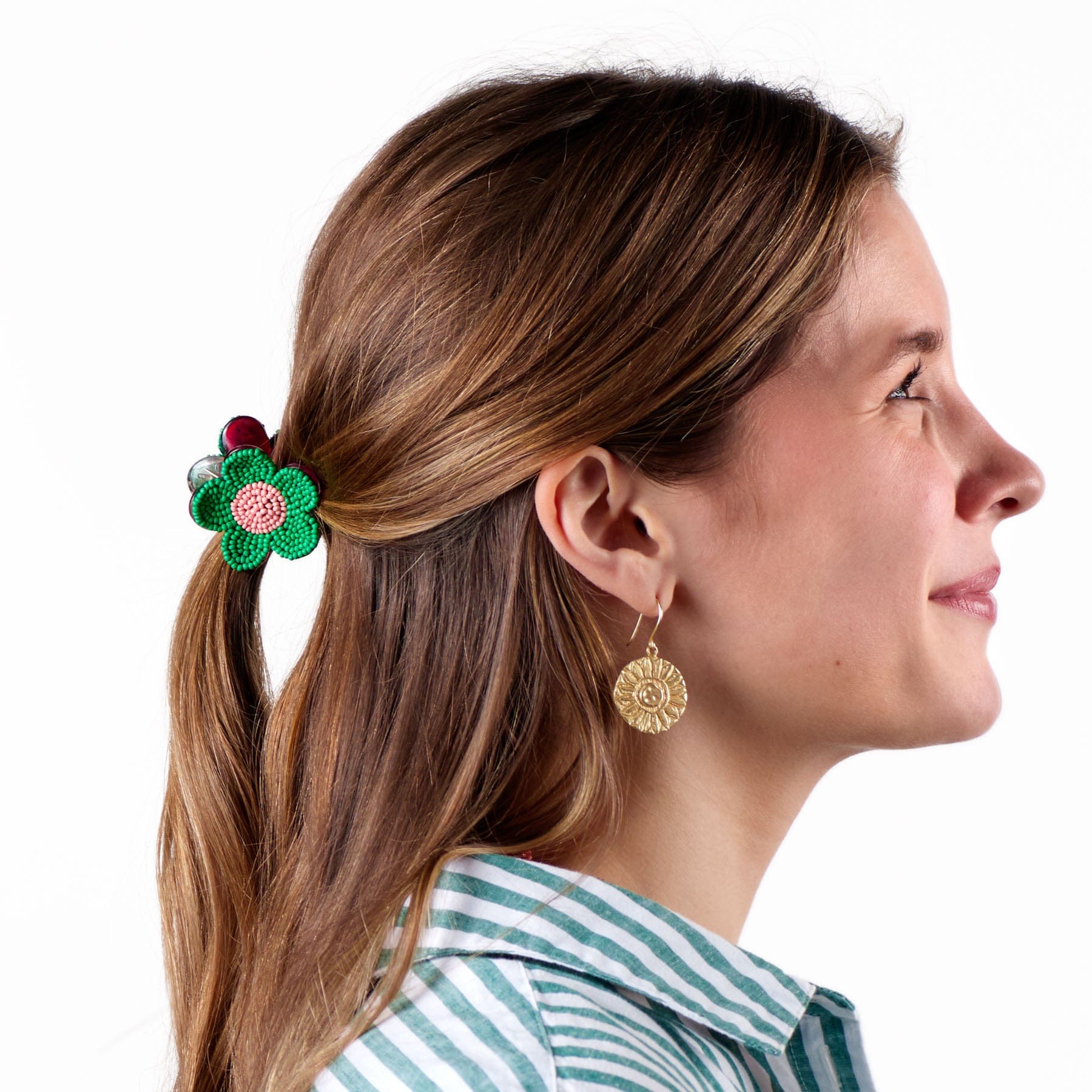 Molly Flower Beaded Hair Claw Clip Kelly Green + Pink Wholesale