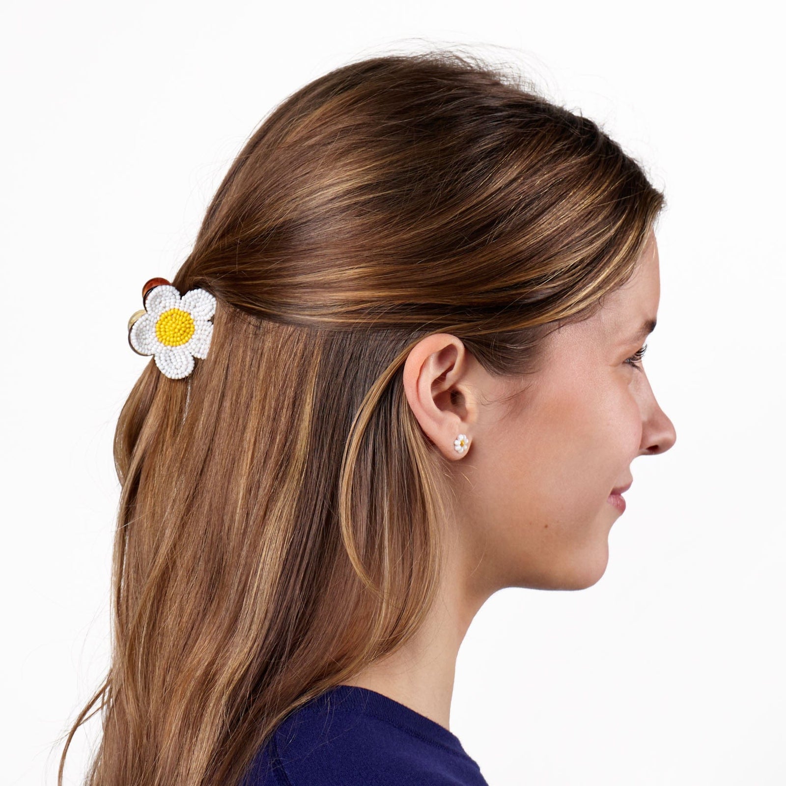 Molly Flower Beaded Hair Claw Clip White + Yellow Wholesale