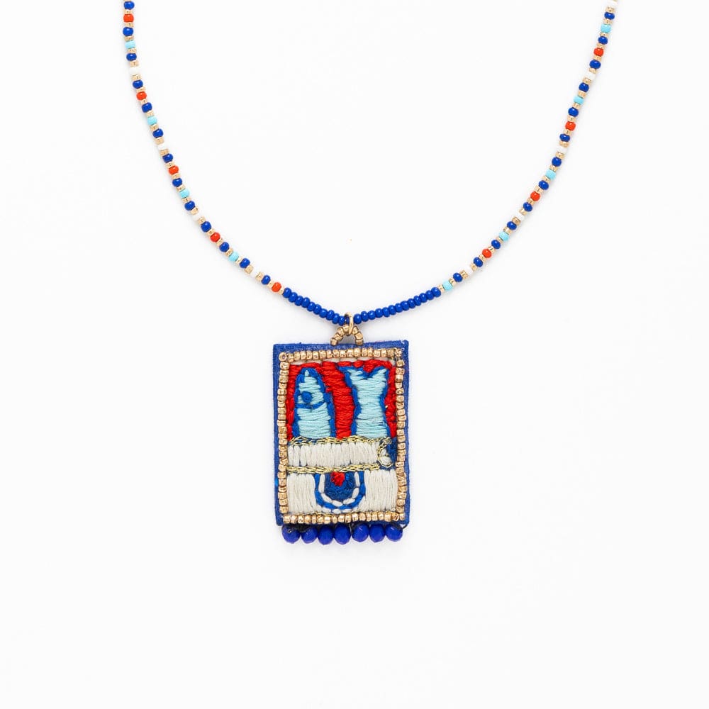 Robin Beaded Necklace With Embroidered Sardine Blue Wholesale