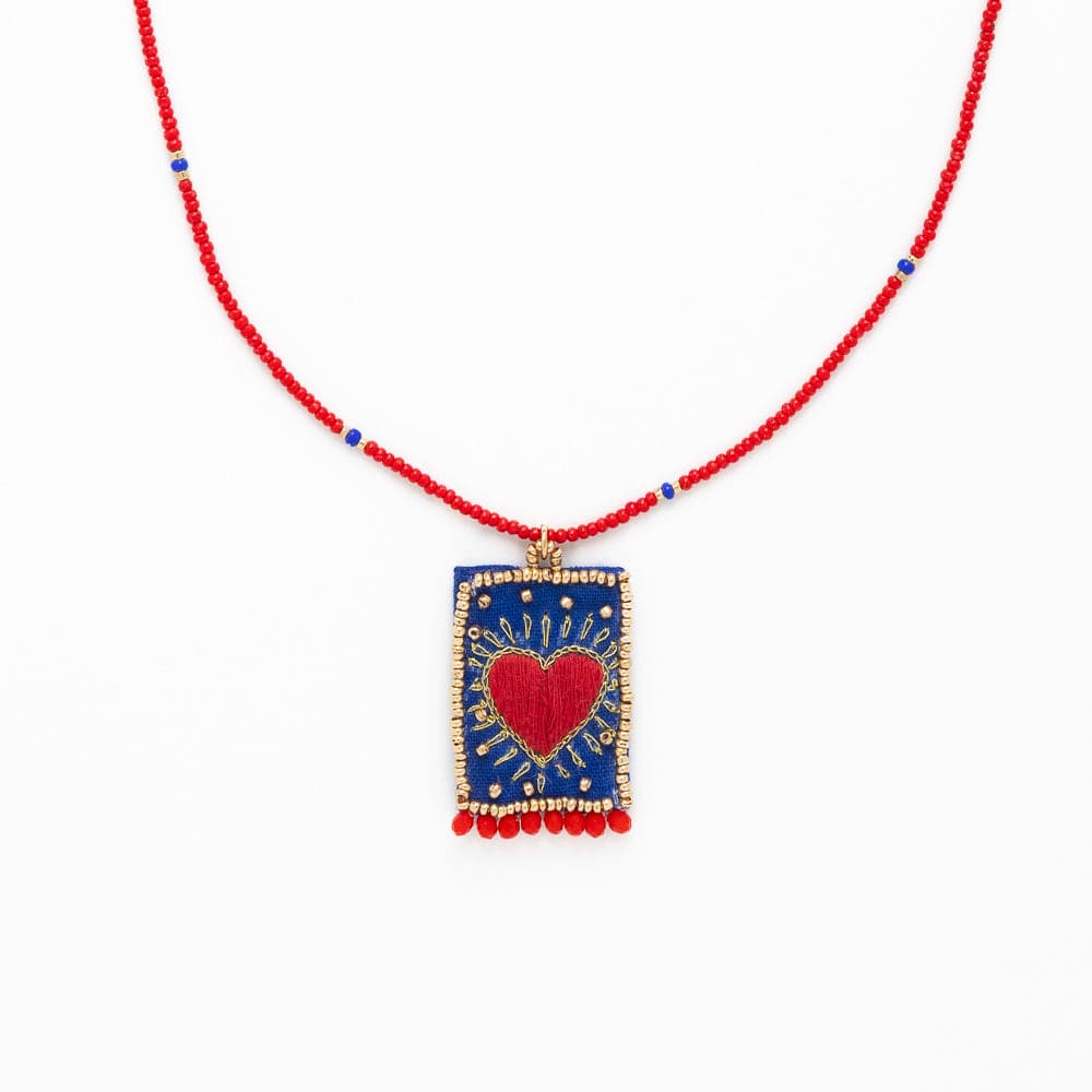 Robin Beaded Necklace With Embroidered Heart Red Wholesale