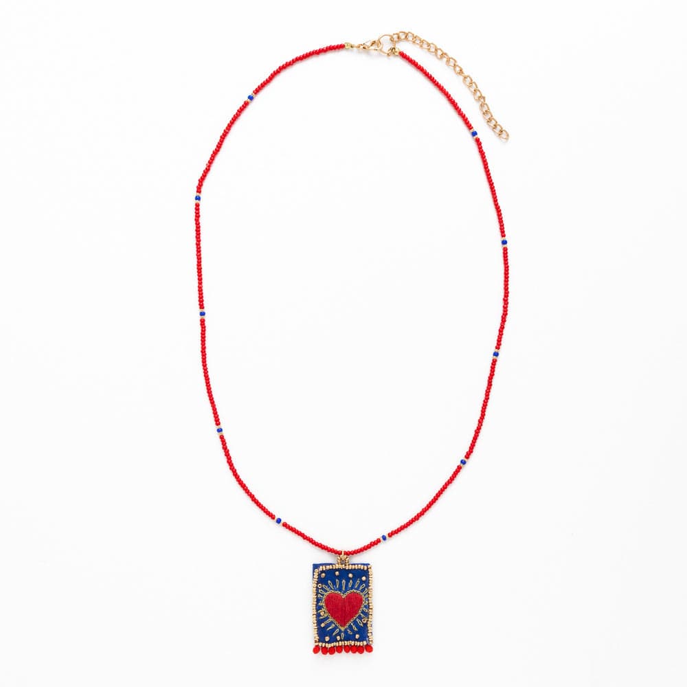 Robin Beaded Necklace With Embroidered Heart Red Wholesale