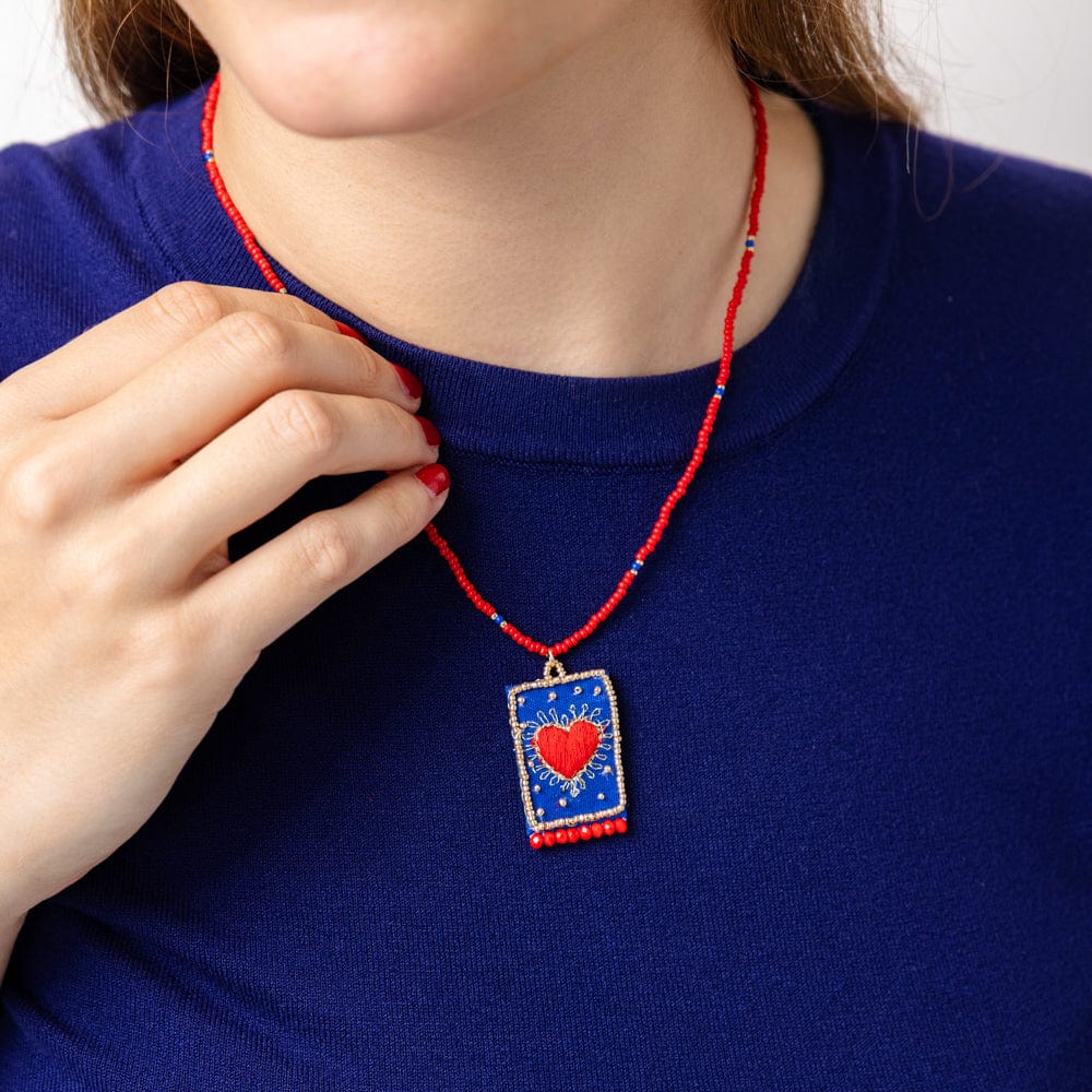 Robin Beaded Necklace With Embroidered Heart Red Wholesale