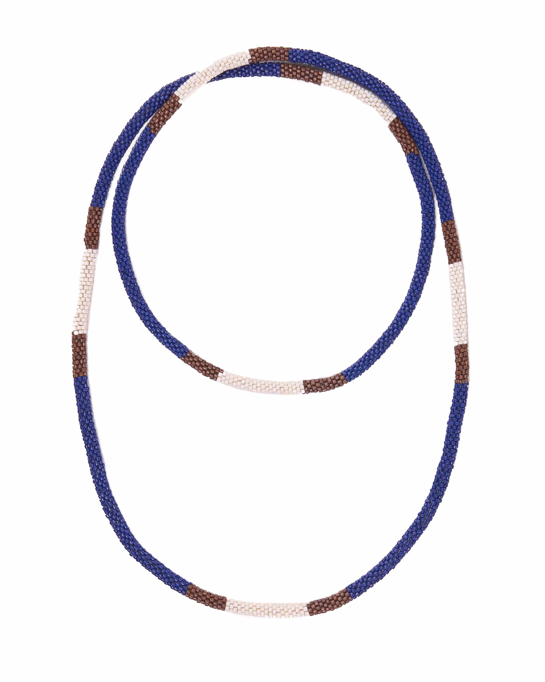 Allie Seed Bead Long Necklace Brown, Blue, + Ivory