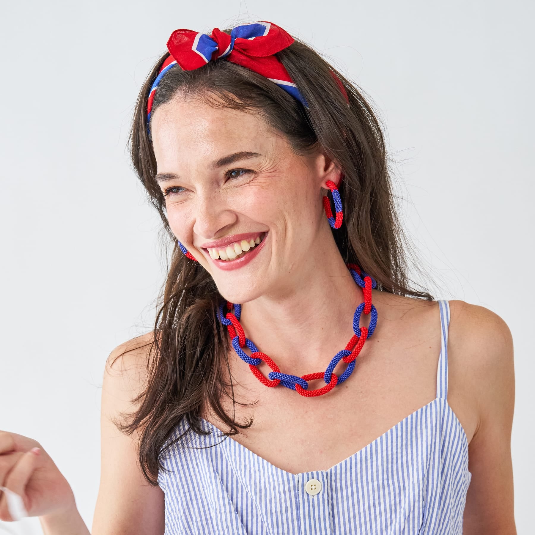 Game Day Chain Link Beaded Necklace Red + Blue Wholesale