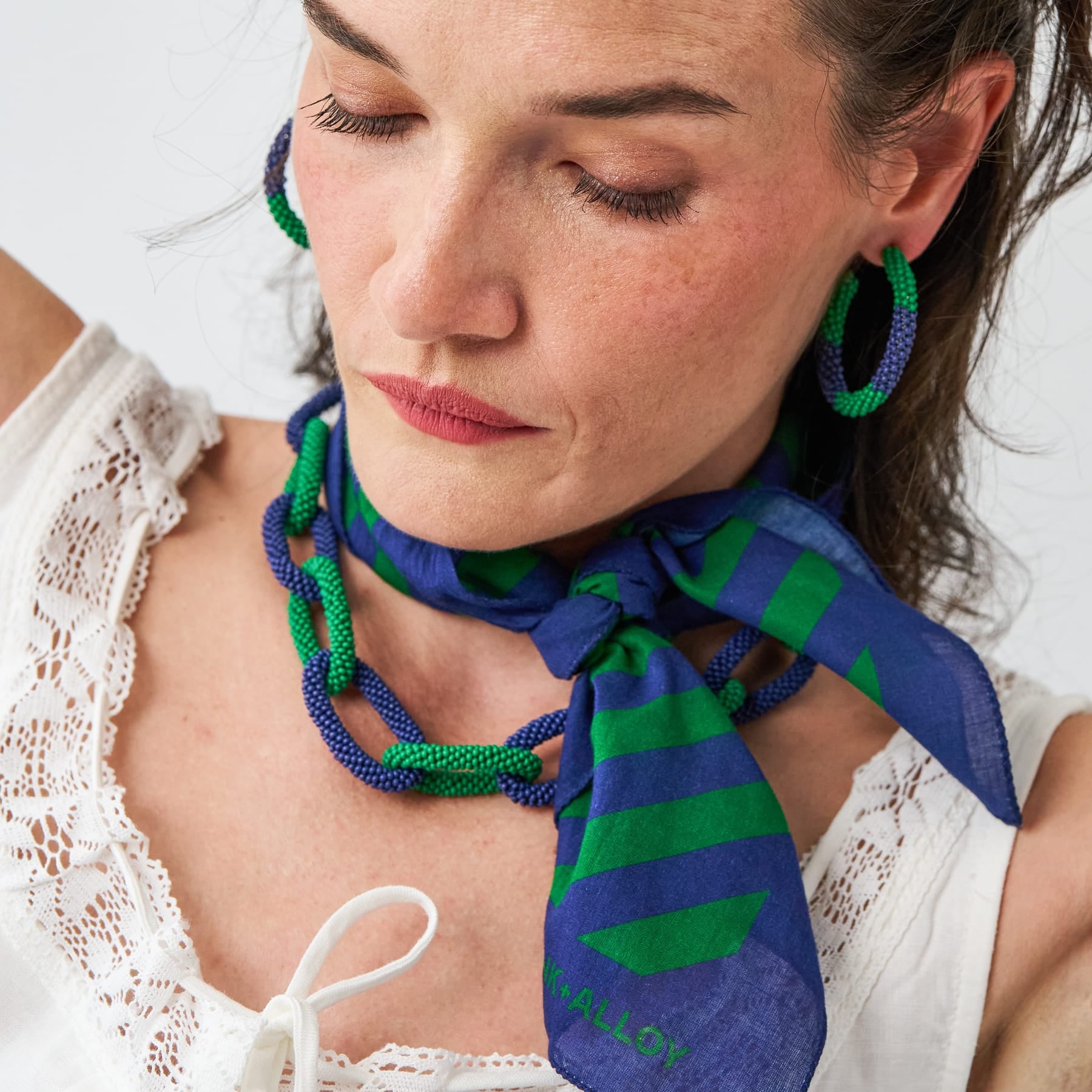 Game Day Chain Link Beaded Necklace Blue + Green Wholesale