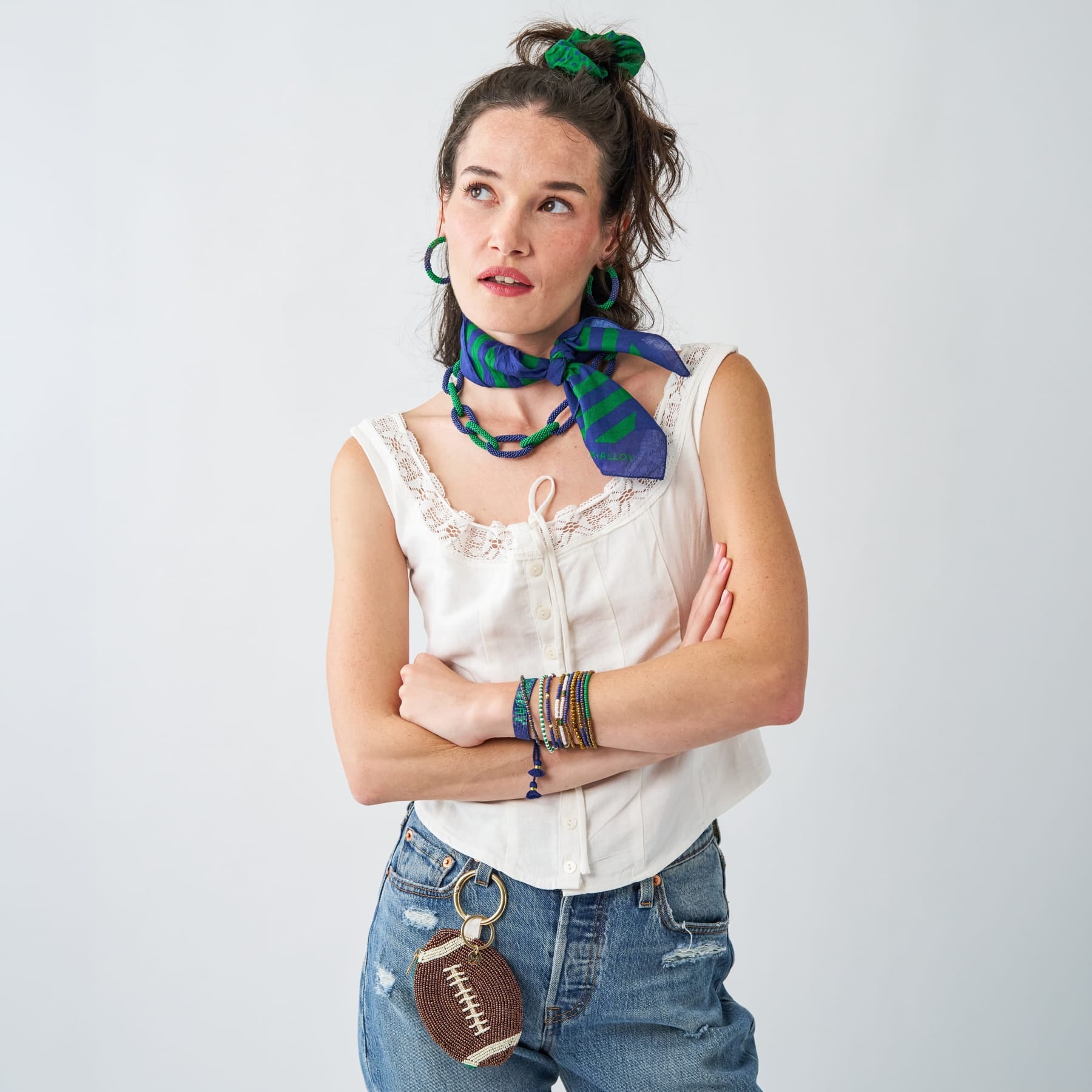 Game Day Chain Link Beaded Necklace Blue + Green Wholesale