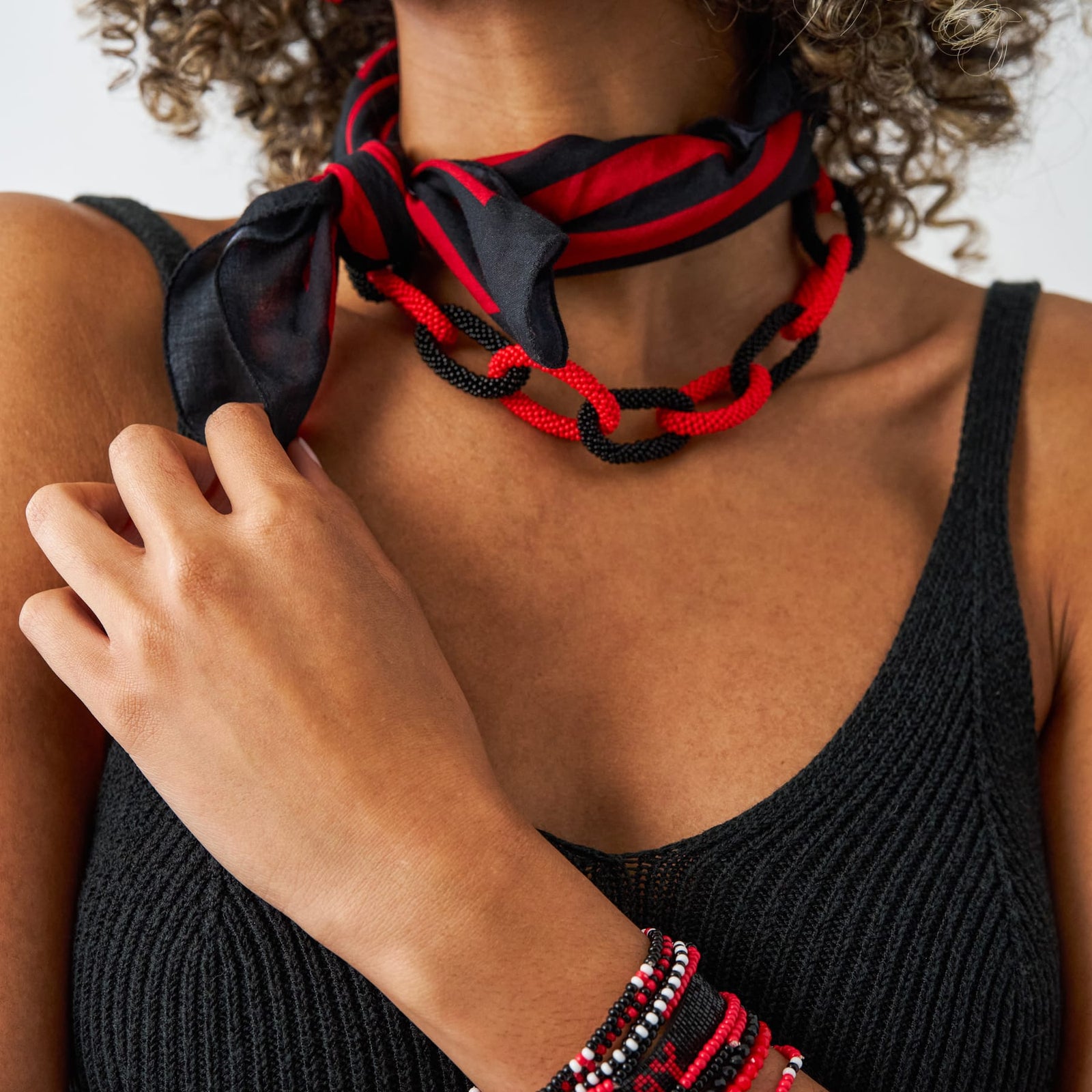 Game Day Chain Link Beaded Necklace Red + Black Wholesale