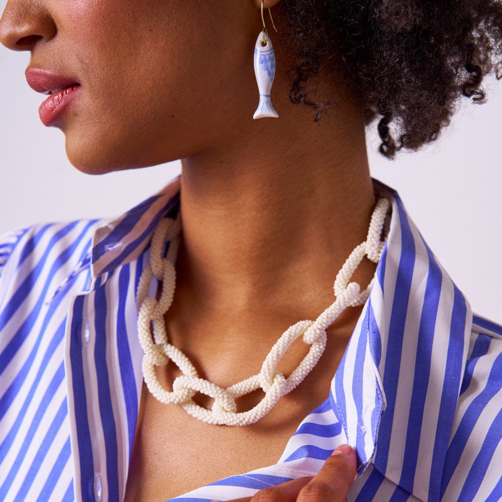 Jenna Chain Link Beaded Necklace Ivory Wholesale