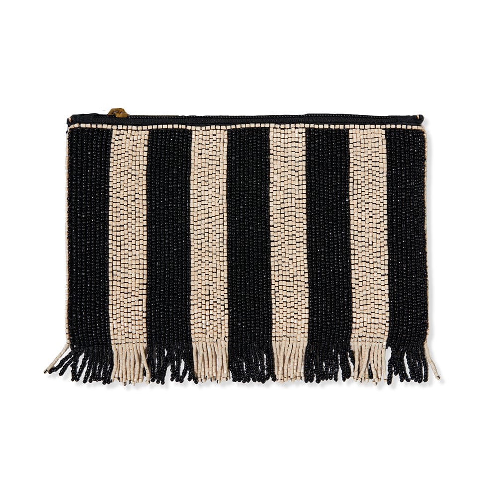 Margaret Striped With Fringe Luxe Beaded Clutch Black/Ivory Wholesale