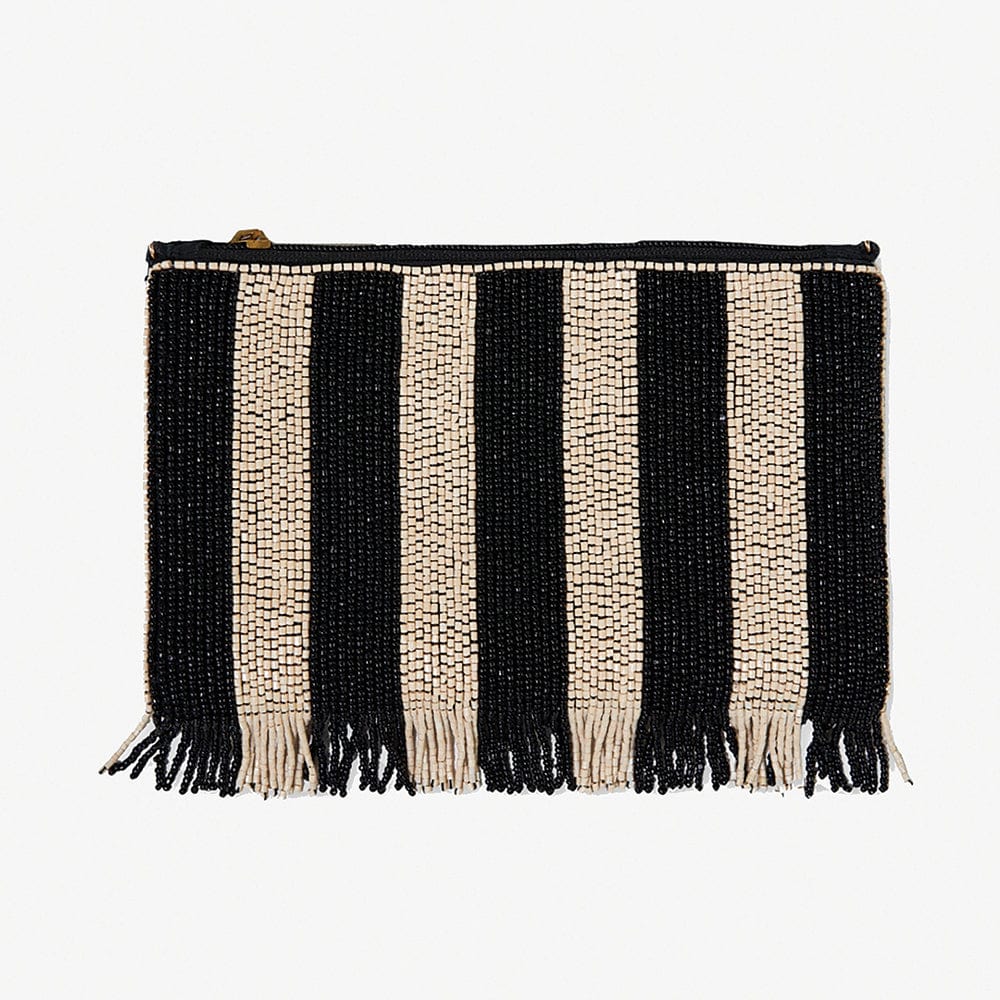 Margaret Striped With Fringe Luxe Beaded Clutch Black/Ivory Wholesale