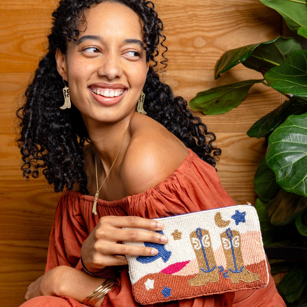 Leila Boot Seed Bead Clutch With Strap