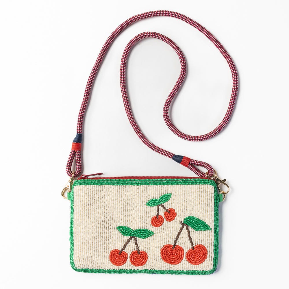 Leila Cherries Seed Bead Clutch With Strap