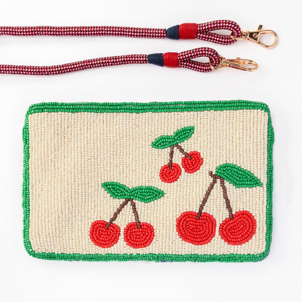 Leila Cherries Seed Bead Clutch With Strap