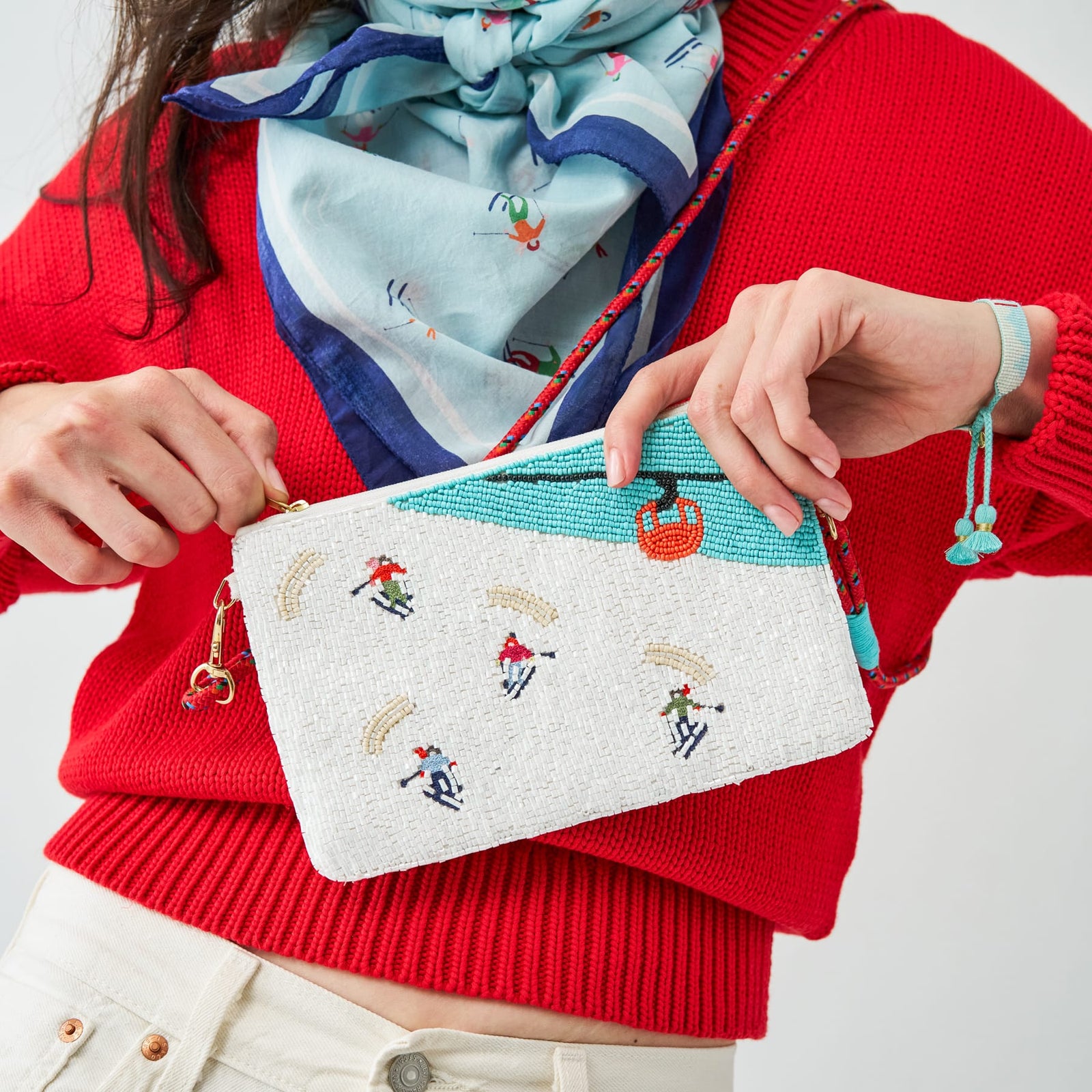 Leila Skier Seed Bead Clutch With Strap