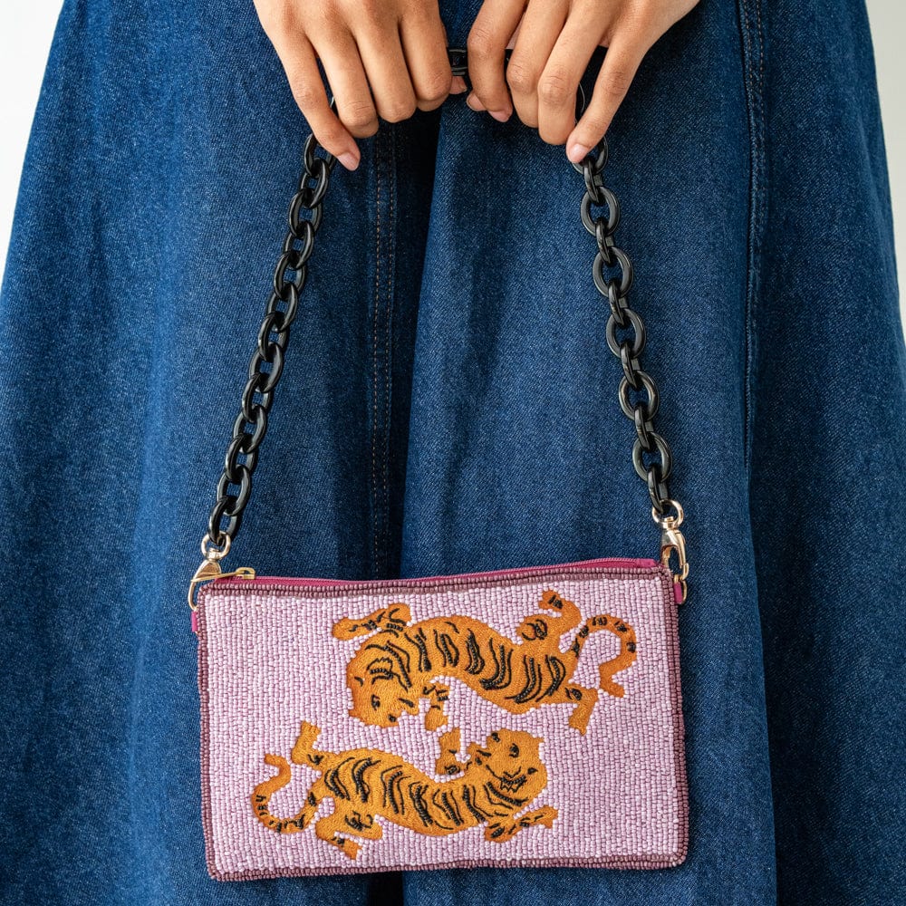 Elenor Embroidered Tiger Beaded Bag Purple Wholesale