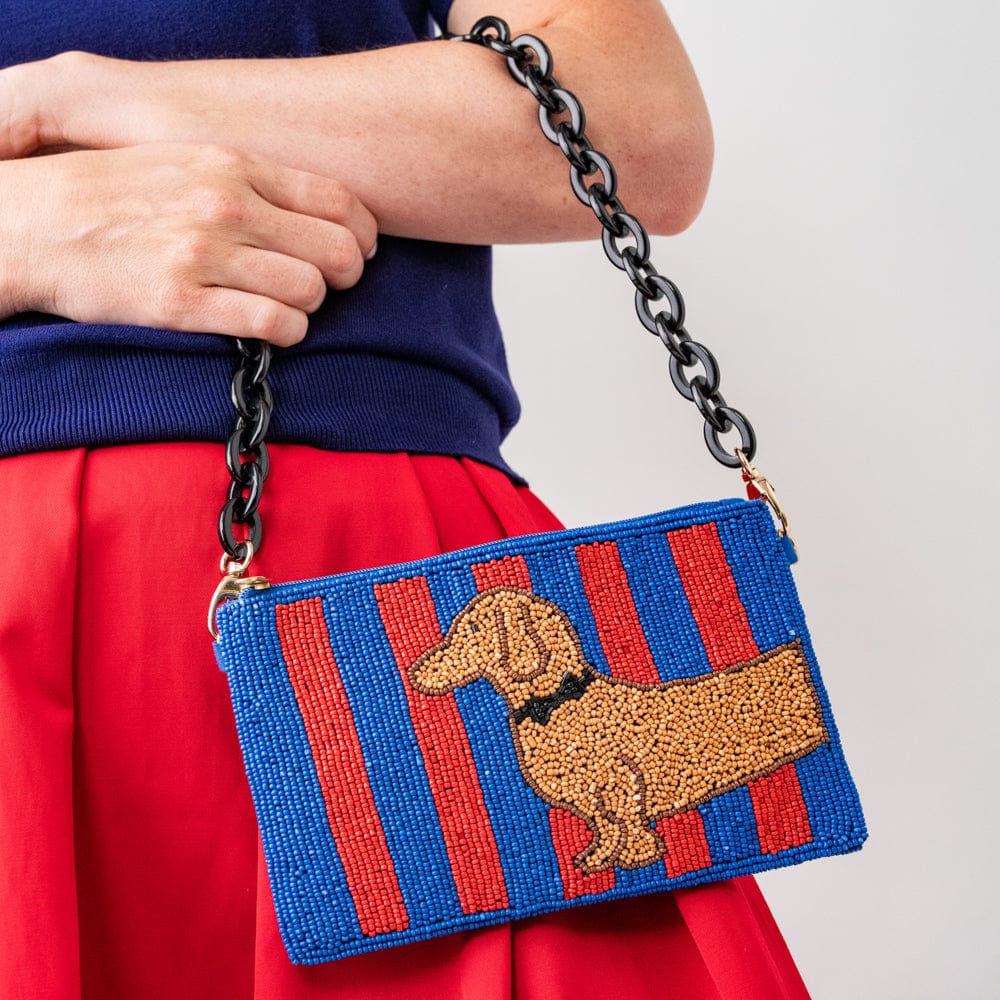 Elenor Striped Beaded Dachshund Bag Red + Blue Wholesale