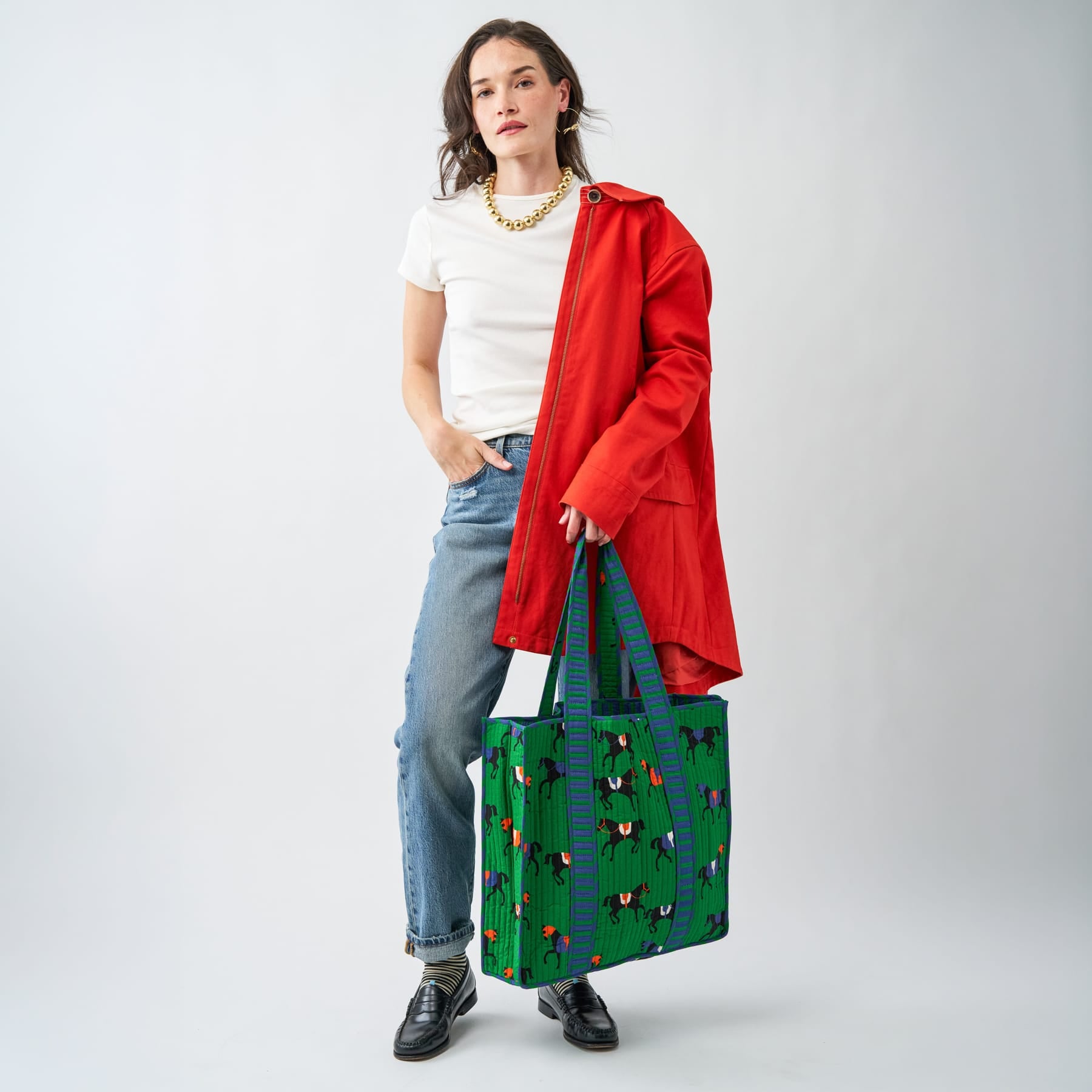 Evie Equestrian Reversible Quilted Tote Bag Green