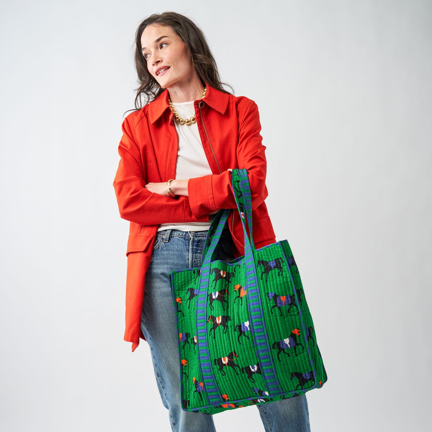 Evie Equestrian Reversible Quilted Tote Bag Green