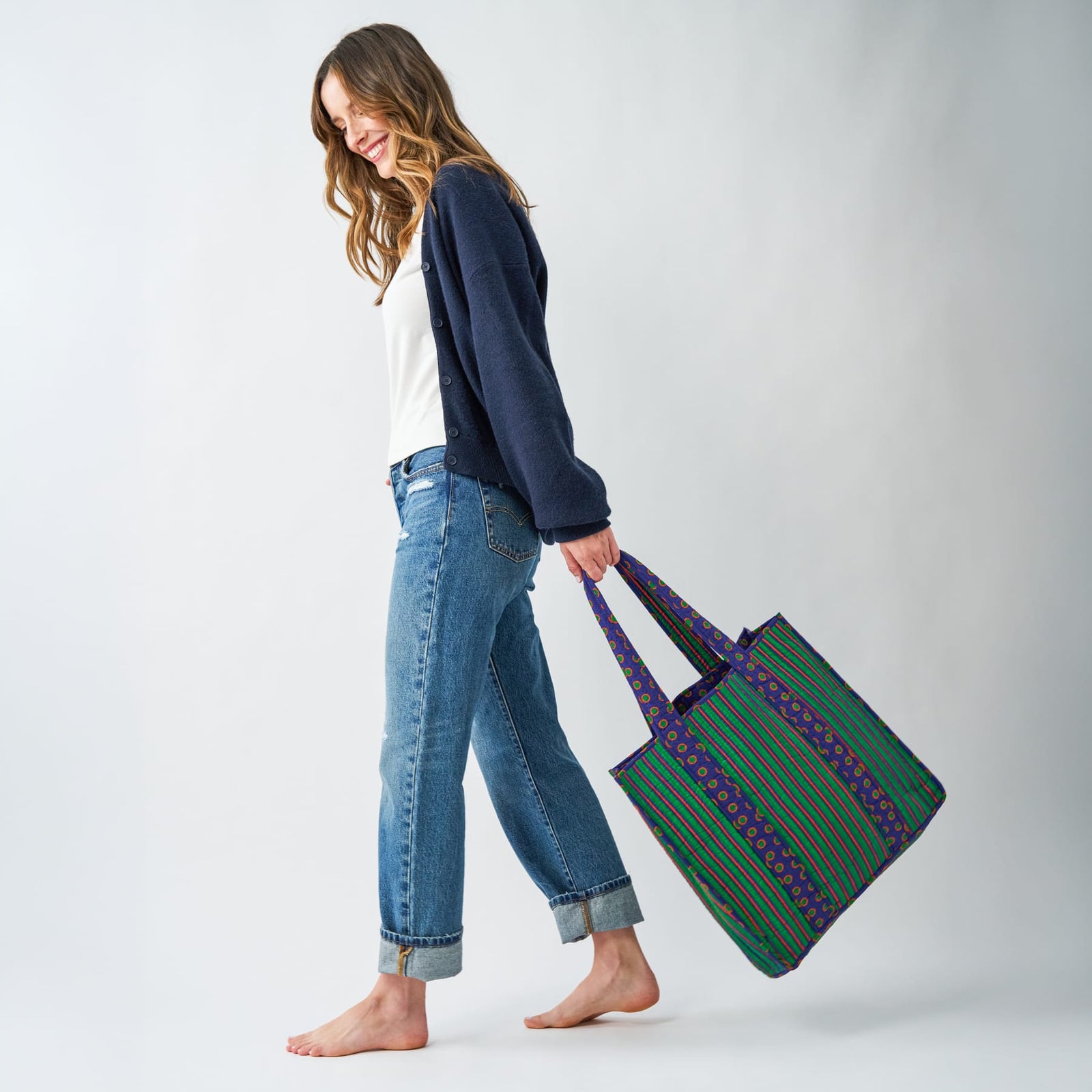 Evie Reversible Quilted Tote Bag Navy + Green