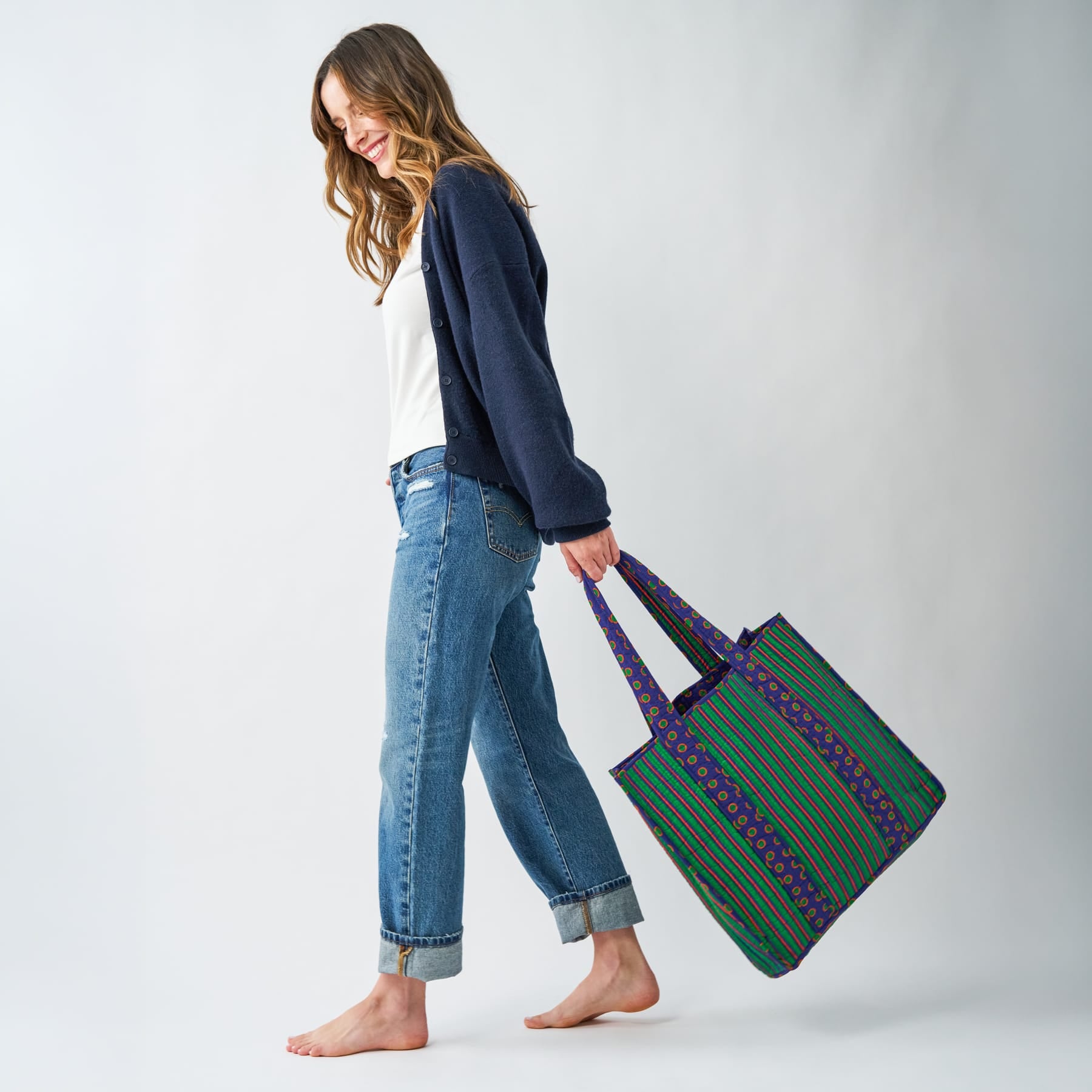 Evie Reversible Quilted Tote Bag Navy + Green