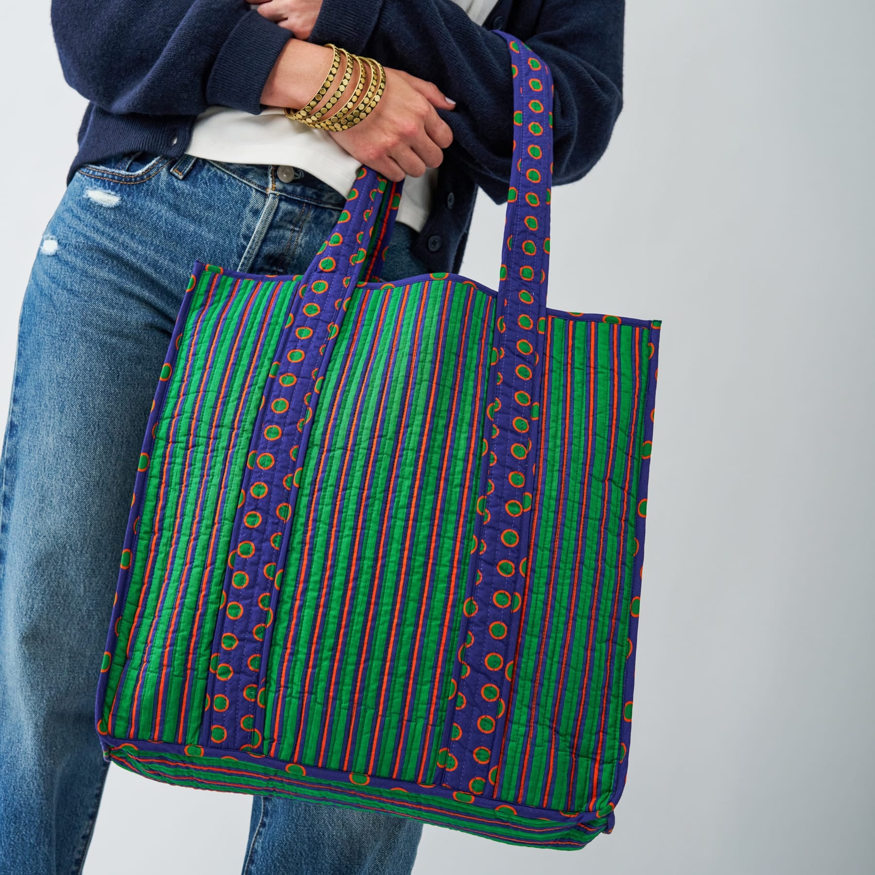 Evie Reversible Quilted Tote Bag Navy + Green