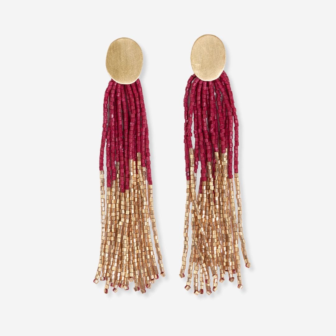Mae Oval Brass Post 2-Color Beaded Tassel Earrings Maroon