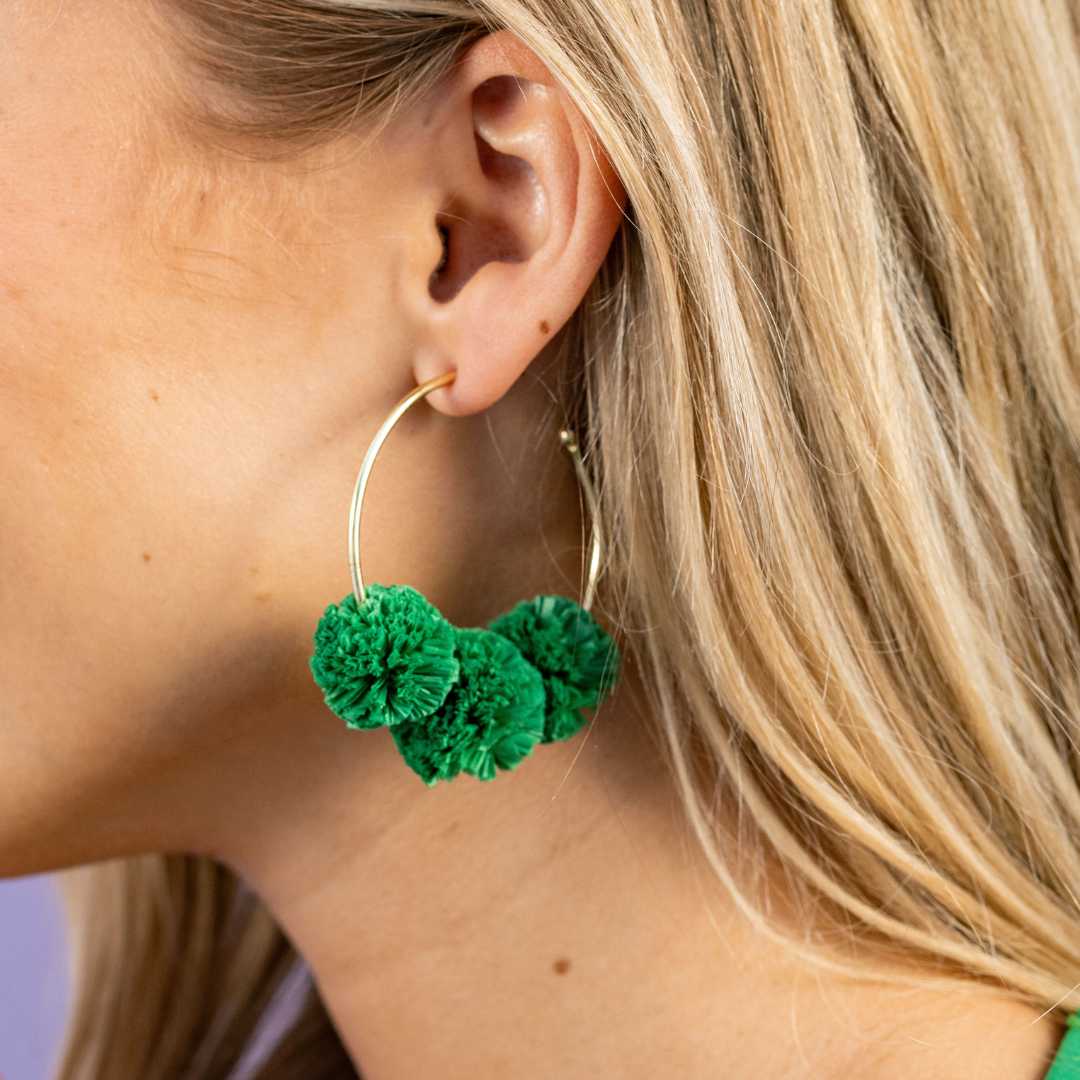 Rita Raffia Poms Hoop Earrings Kelly Green Wholesale