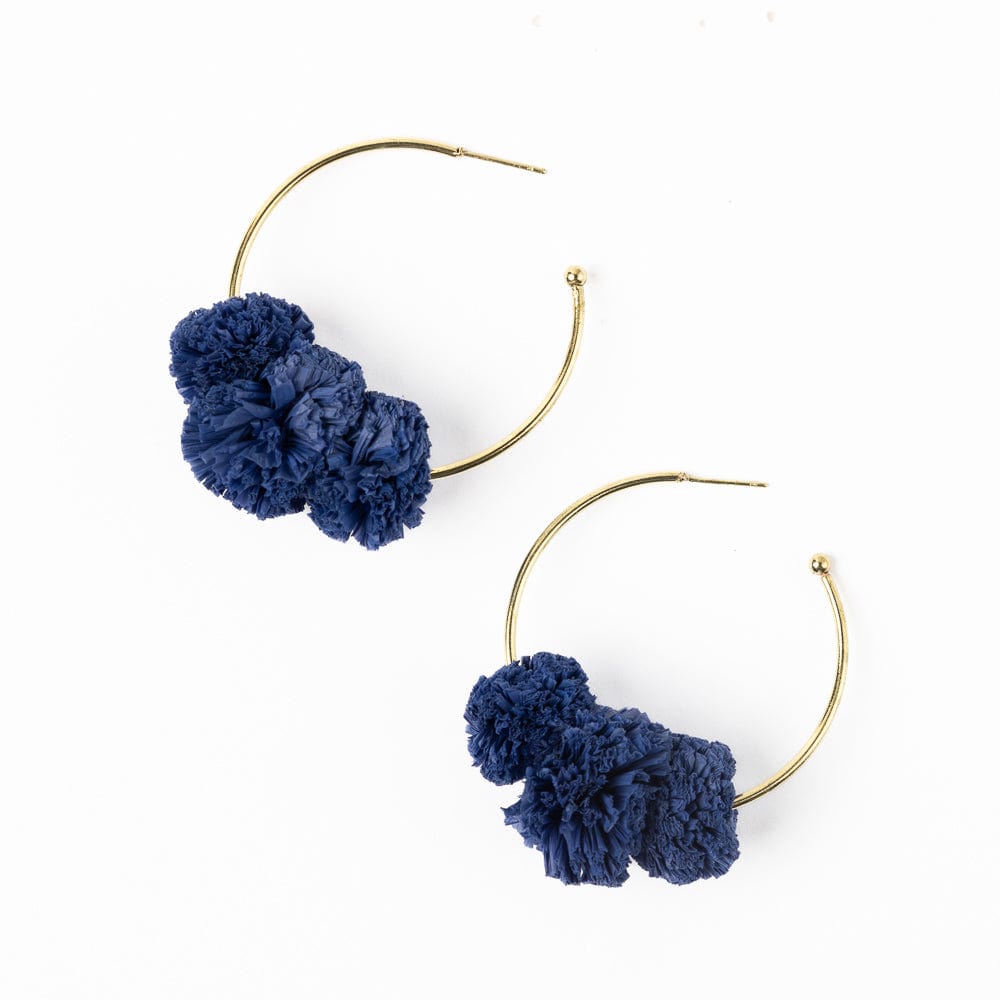 Rita Raffia Poms Hoop Earrings Navy