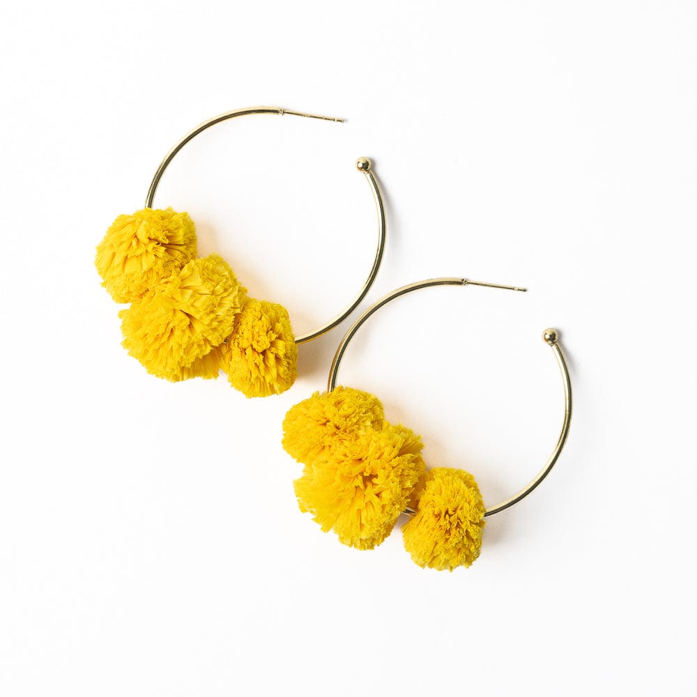 Rita Raffia Poms Hoop Earrings Yellow