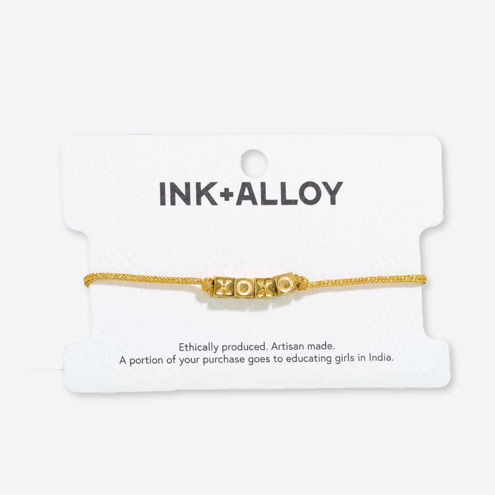 Goldie Gold Lurex Cord Friendship Bracelet with Brass Letters Adjustable XOXO Wholesale