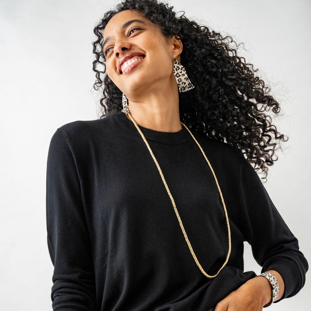 Delilah Cheetah Print Beaded Fringe Earrings Ivory, Black, + Gold Wholesale