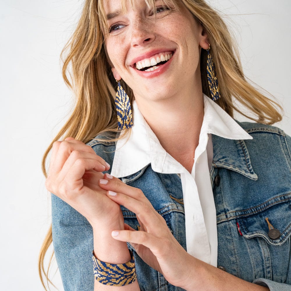 Delilah Zebra Print Beaded Fringe Earrings Navy + Gold Wholesale