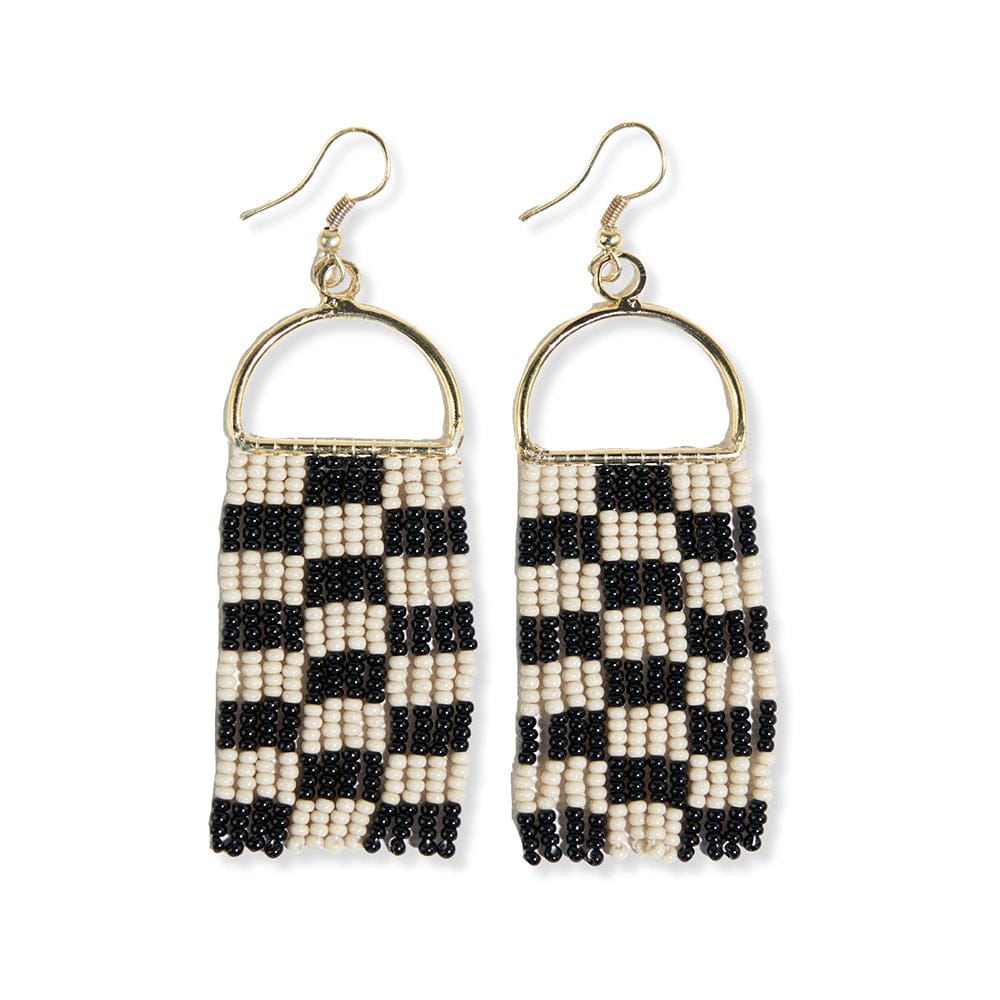 Allison Checkered Beaded Fringe Earrings Black Wholesale
